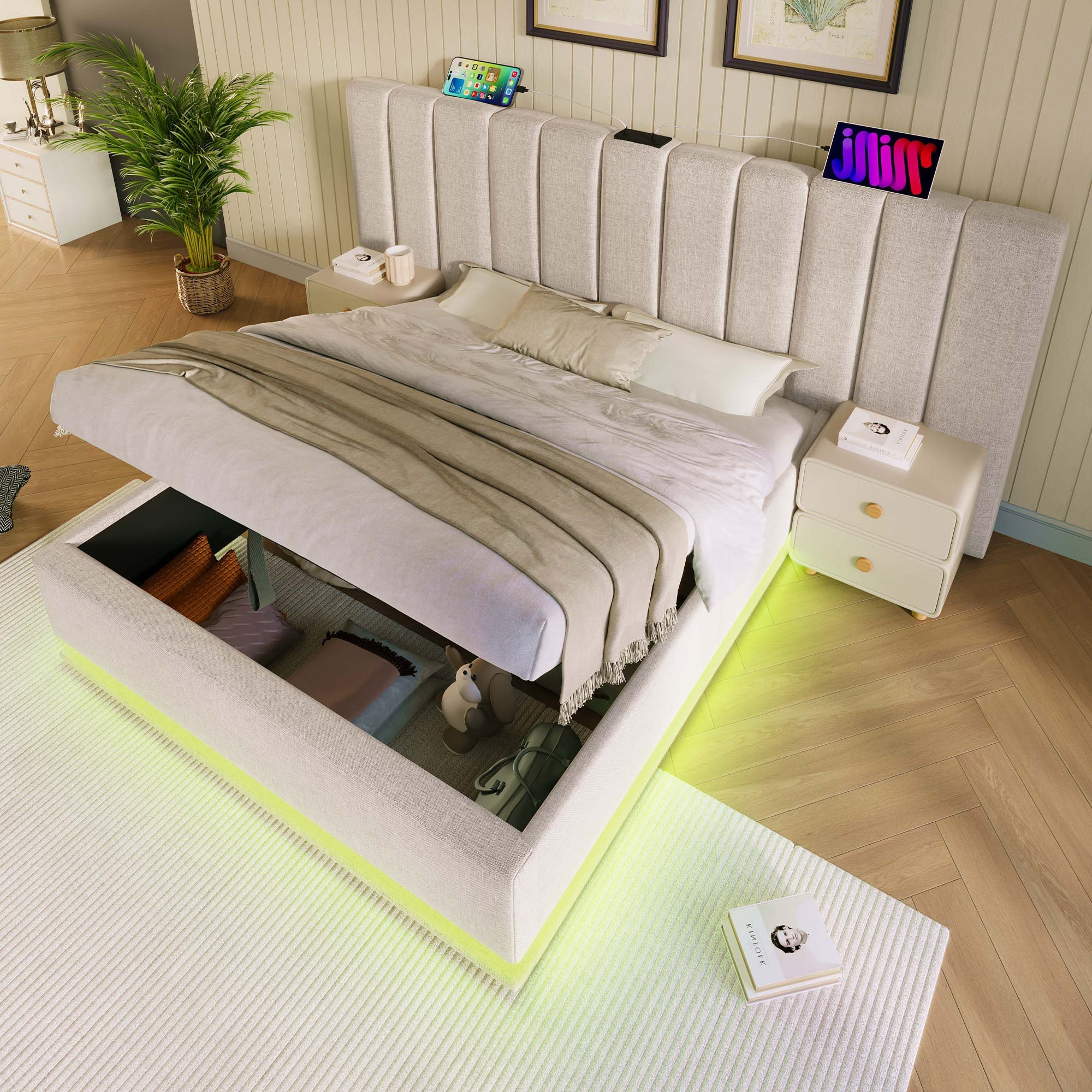 Logidon gestoffeerd bed 180x200 opbergruimte met LED USB oplaadfunctie beige