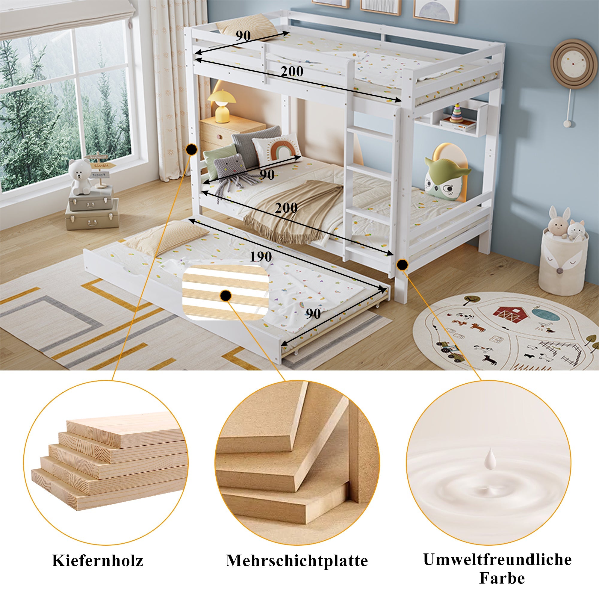 Logidon Kinderstapelbed 90x200cm Uitschuifbed op wielen Wit