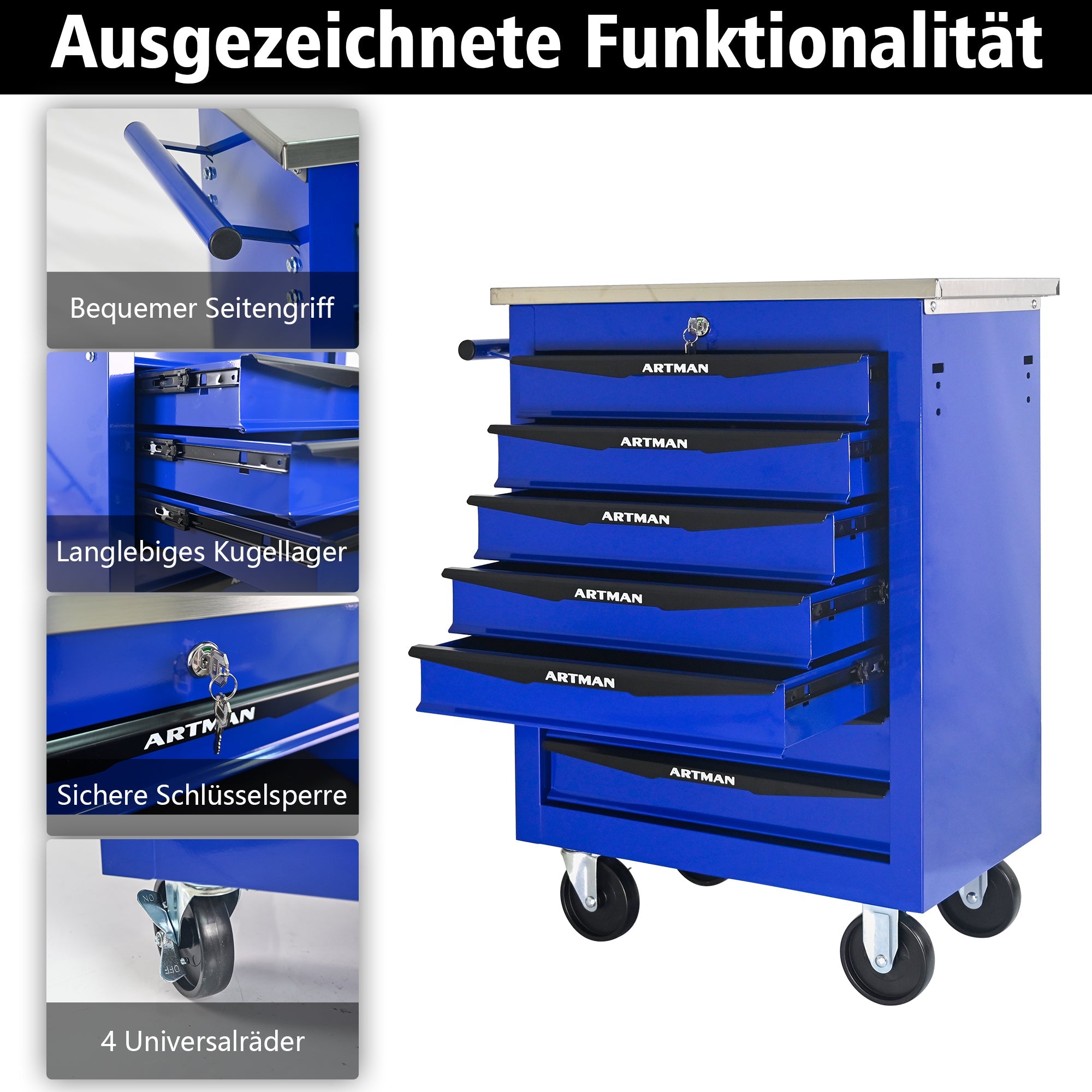 Logidon gereedschapswagen 7 laden blauw stalen wielen RVS dak