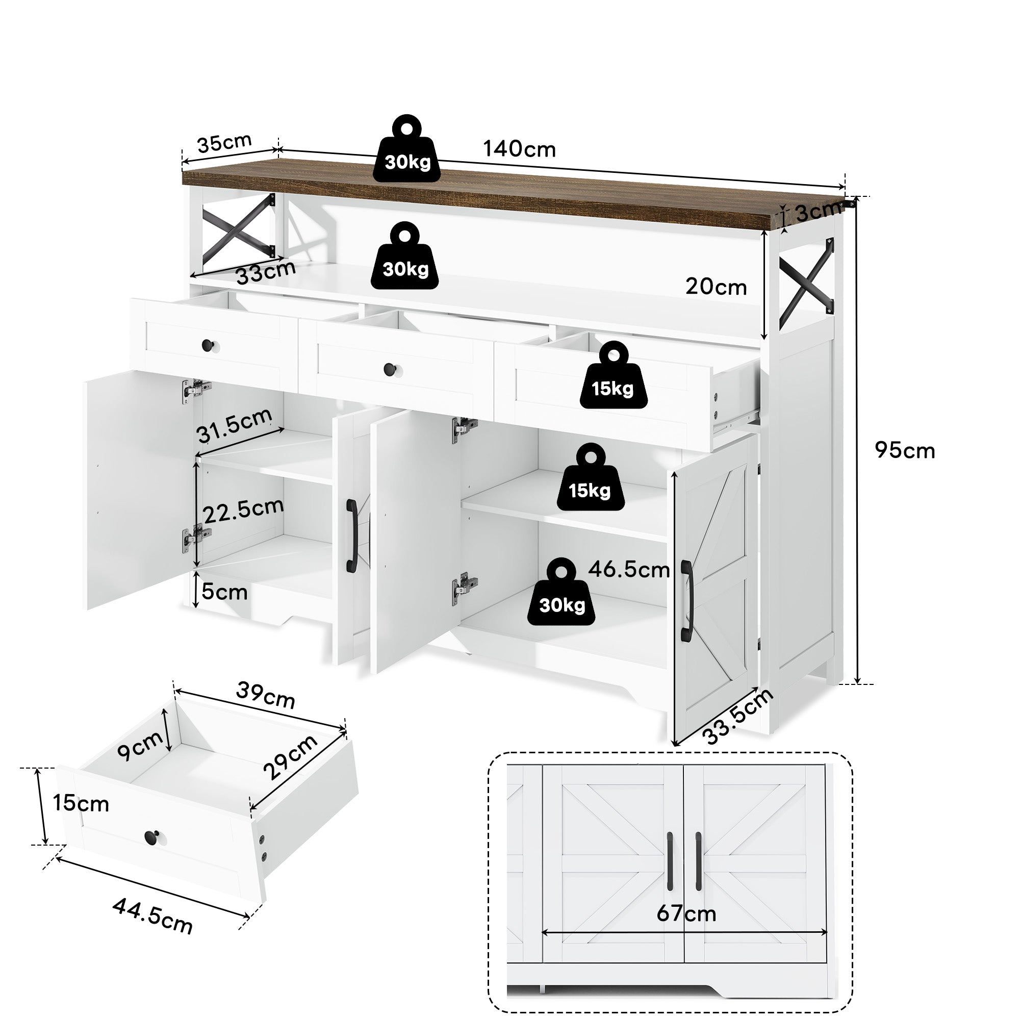 Logidon buffetbox 140 cm wit met 3 lades en deuren