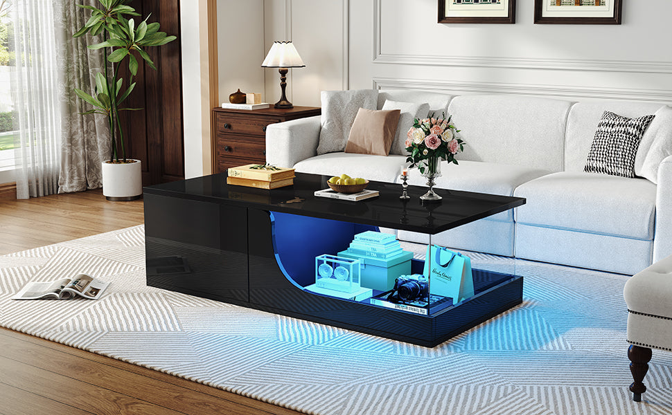 Logidon Zwarte hoogglans salontafel 100x50x30 cm LED-verlichting