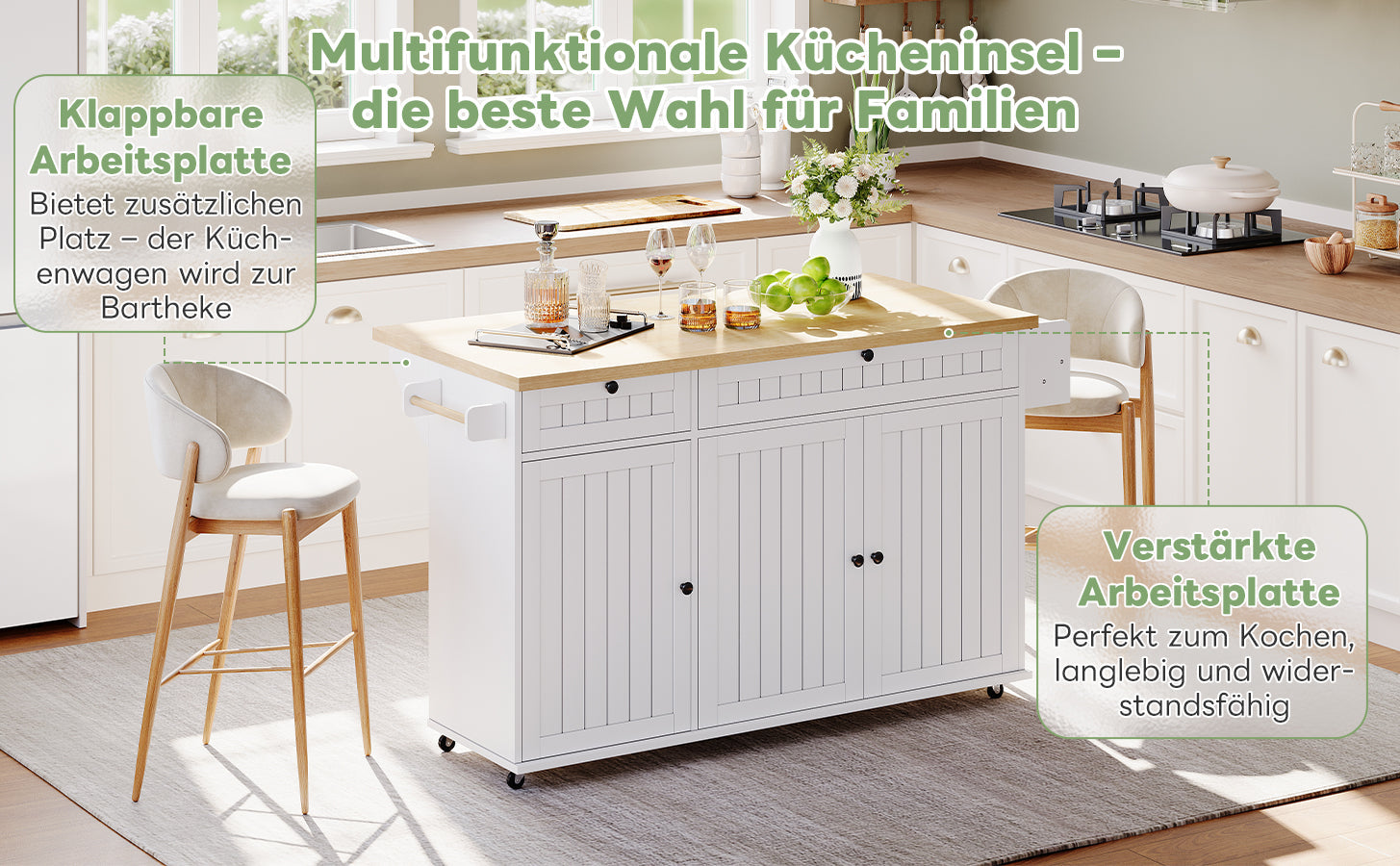 Logidon keukeneiland wit met opklapbaar werkblad 137 x 89,5 x 45 cm