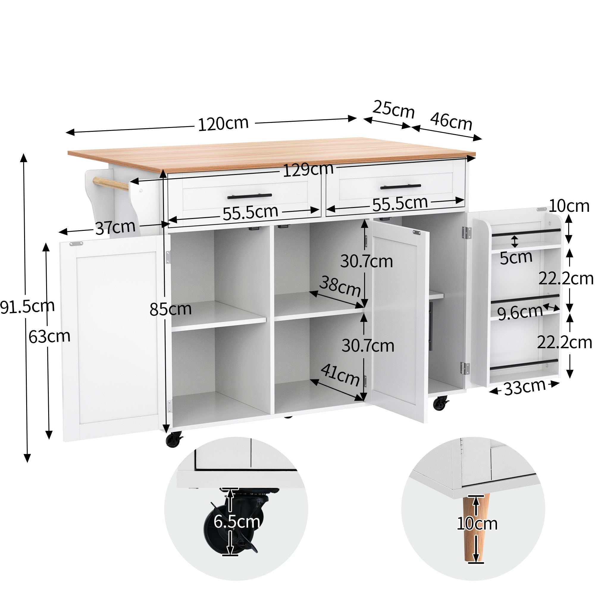 Logidon kitchen trolley solid wood worktop folding top white