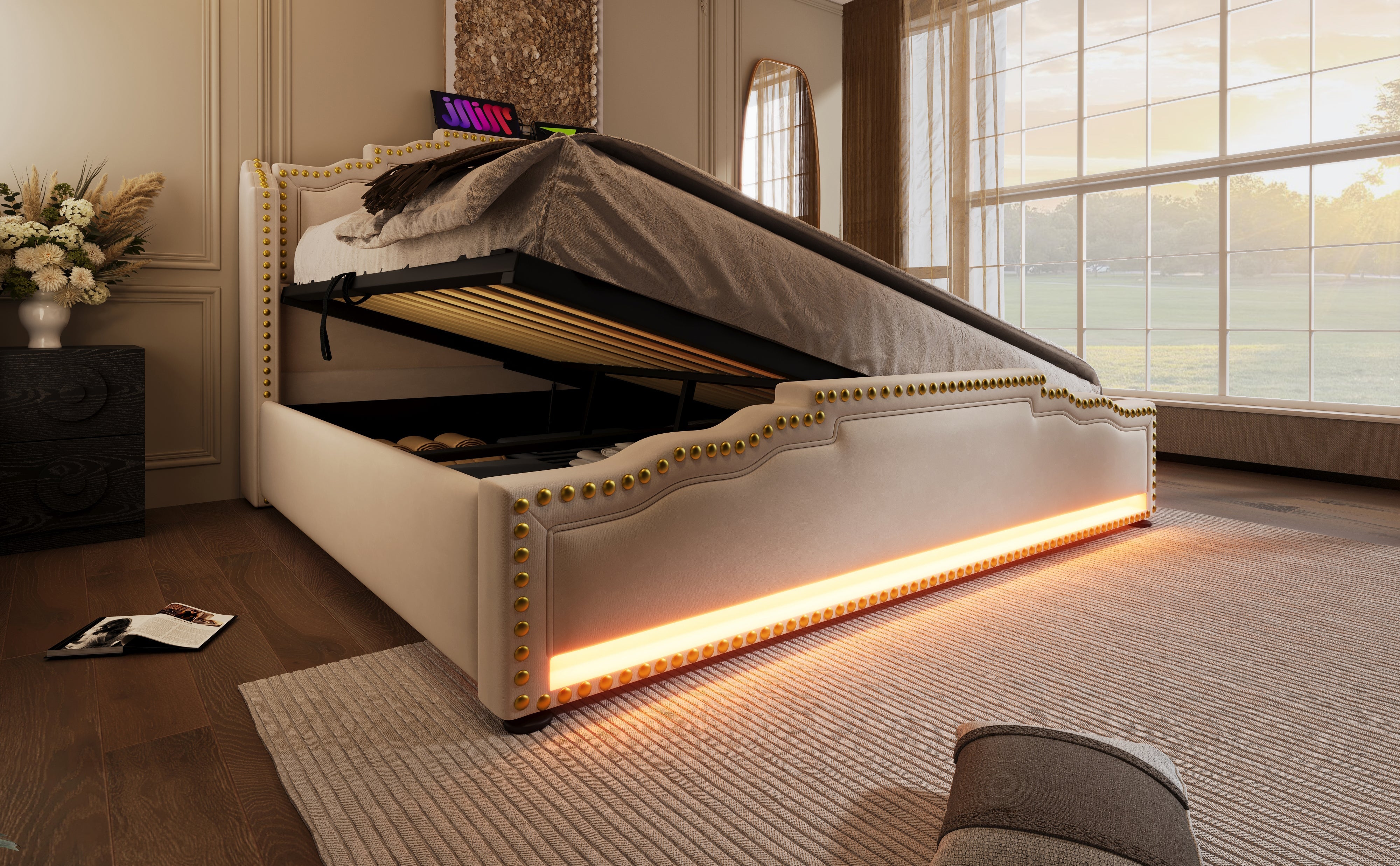 Logidon gestoffeerd bed 140x200 tweepersoonsbed hydraulische opbergruimte LED beige