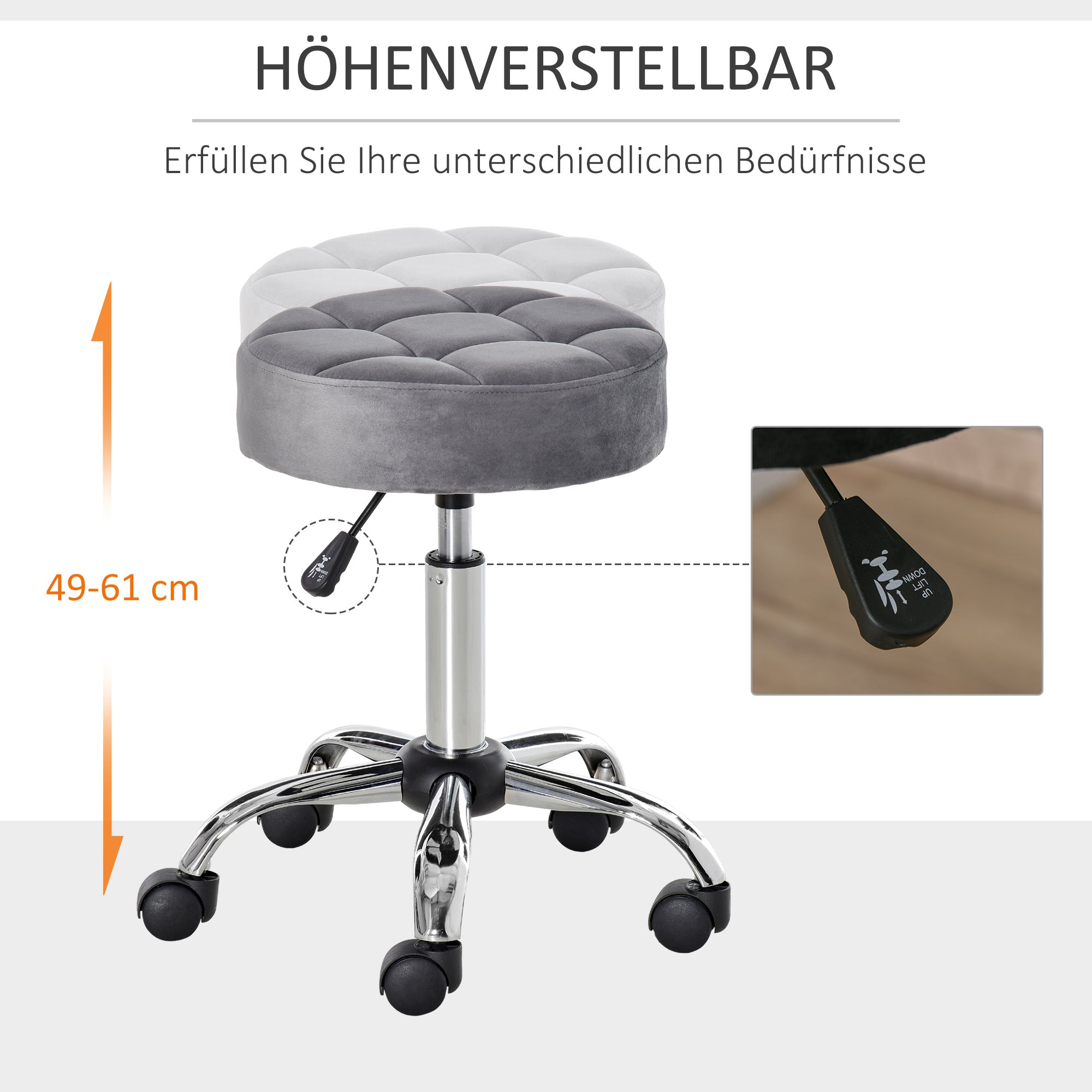 Logidon Verstelbare Salonkruk Grijs Velvet Touch Wielen Chrome Onderstel