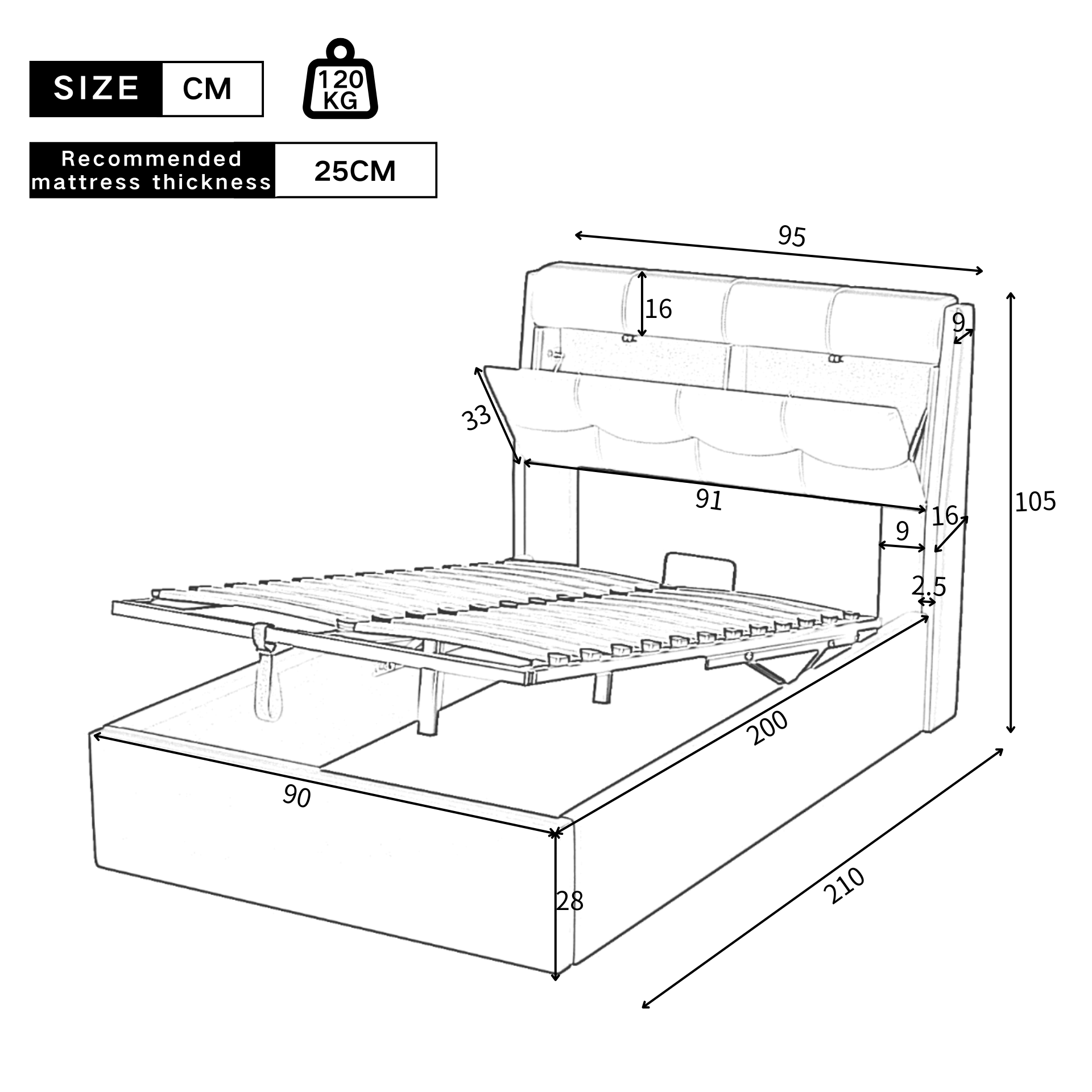 Logidon gestoffeerd bed 90x200 hydraulisch verborgen hoofdbordplank