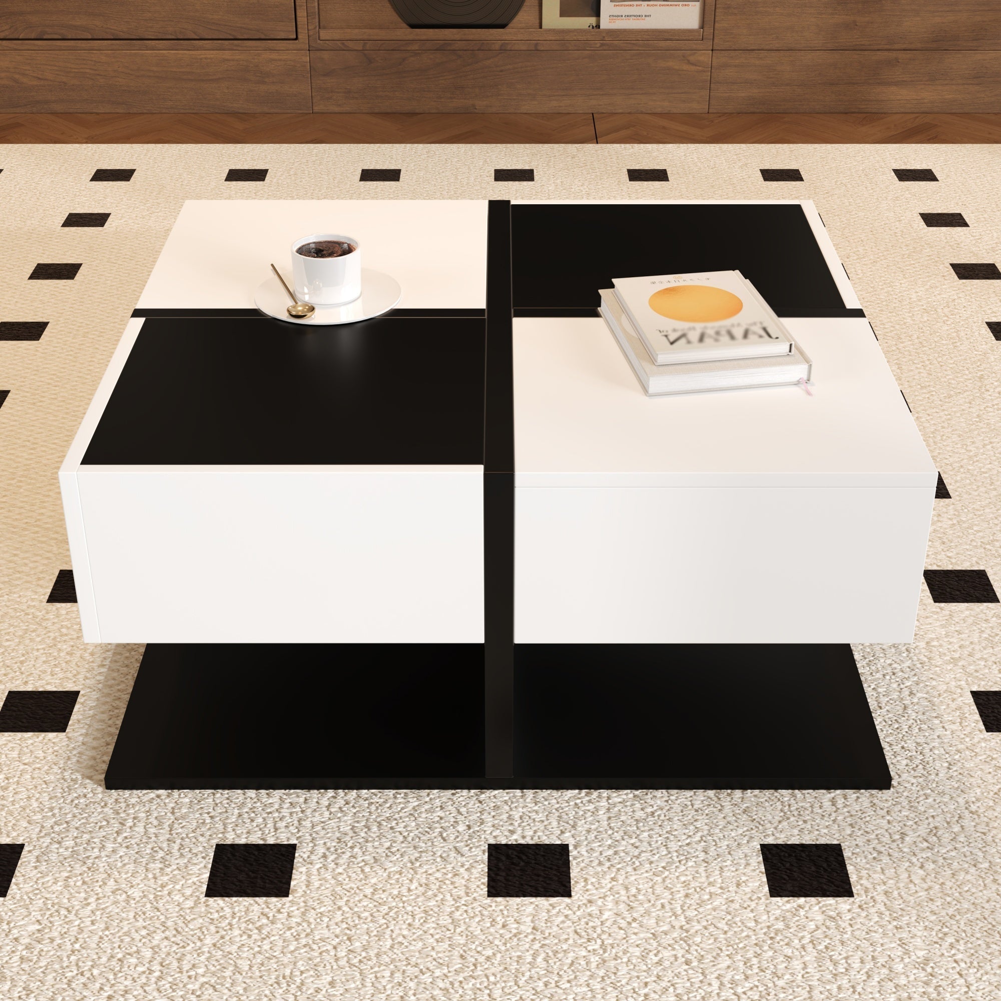 Logidon Moderne Salontafel Zwart Wit 70x70x35,5 cm Met 2 Laden