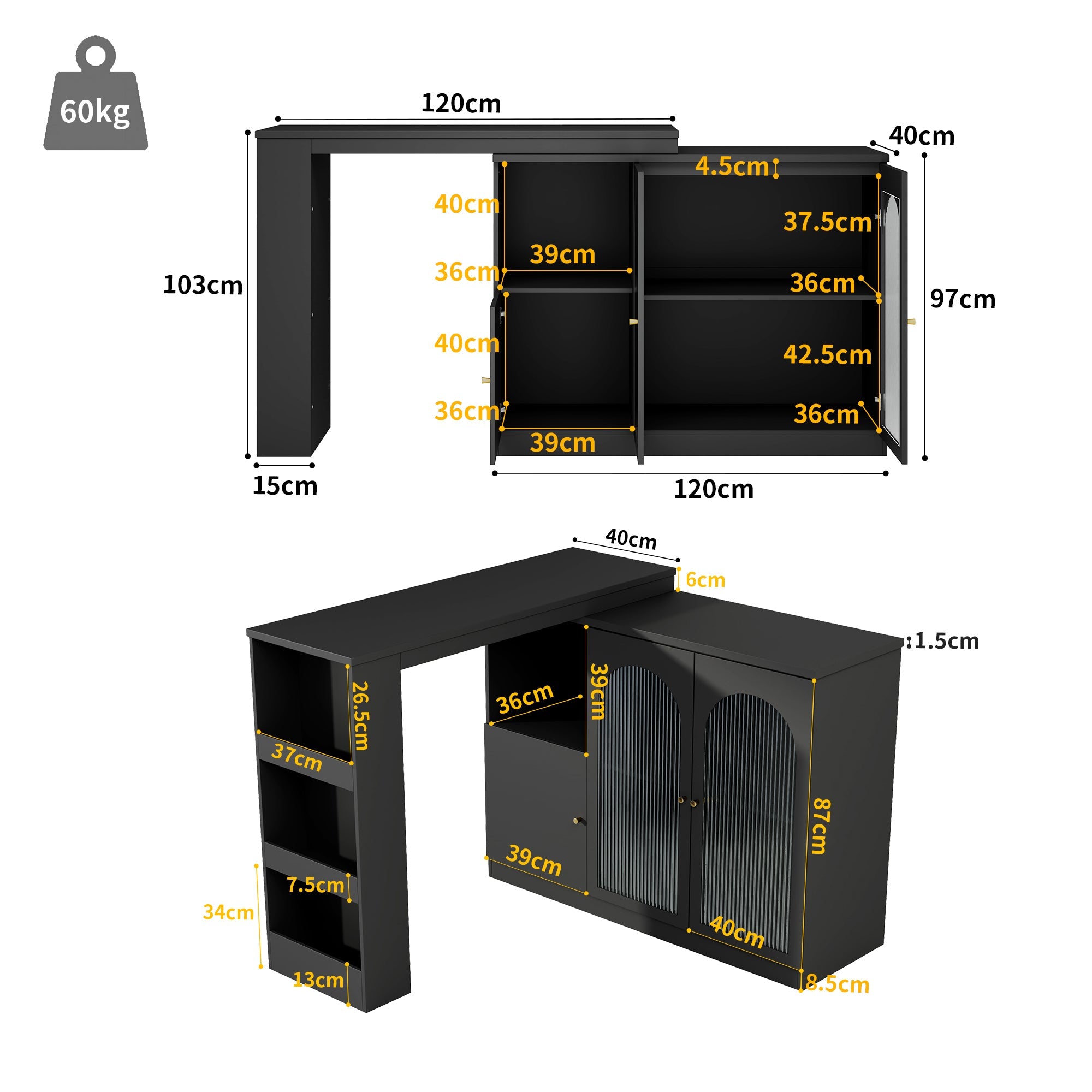 Logidon 360° draaibare bartafel zwart 120x40x97 cm glazen deuren