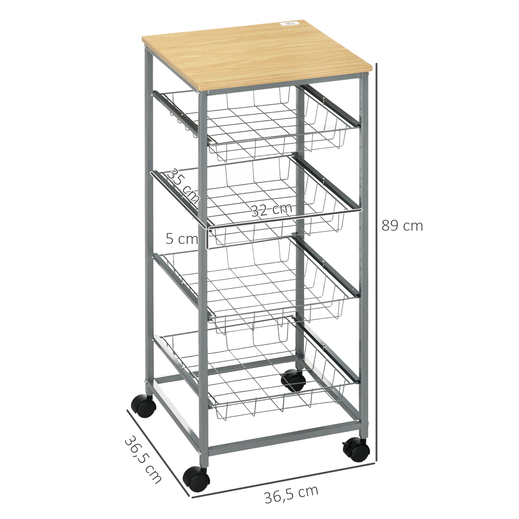 Logidon serveerwagen zilver 36,5x36,5x89 cm met metalen manden