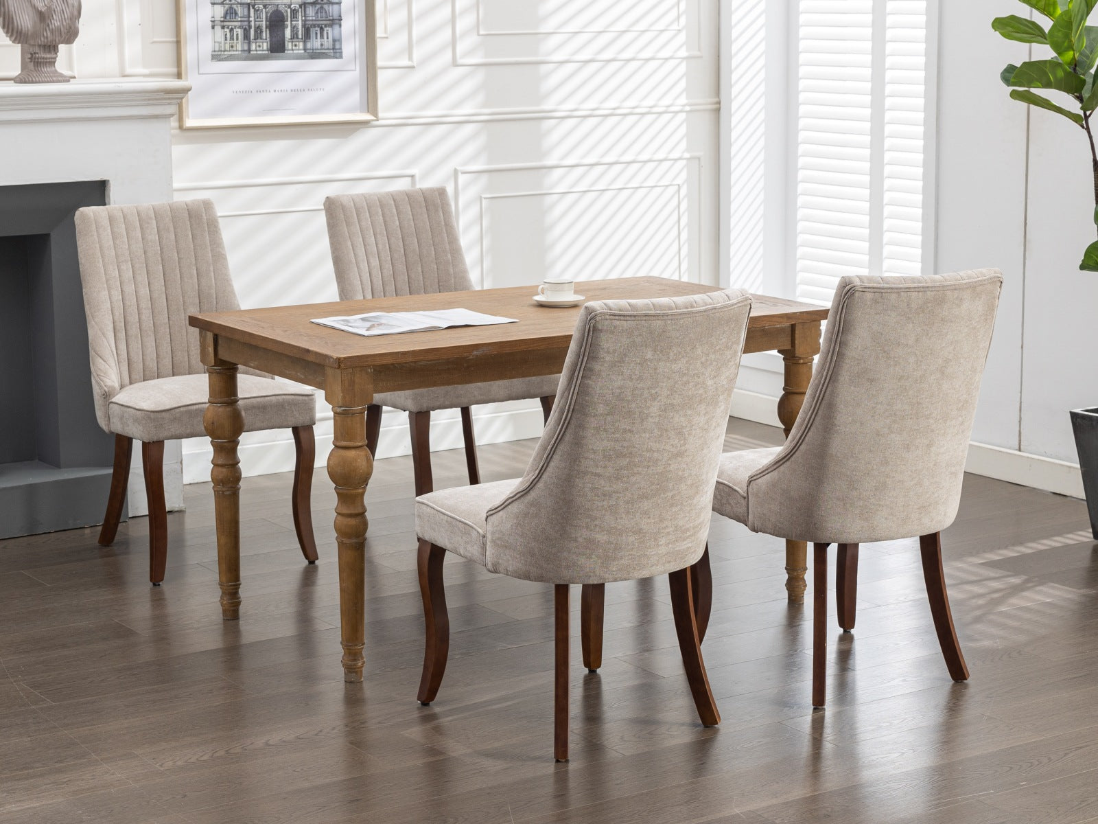 Logidon beige chenille eetkamerstoelen set van 2 massief houten poten