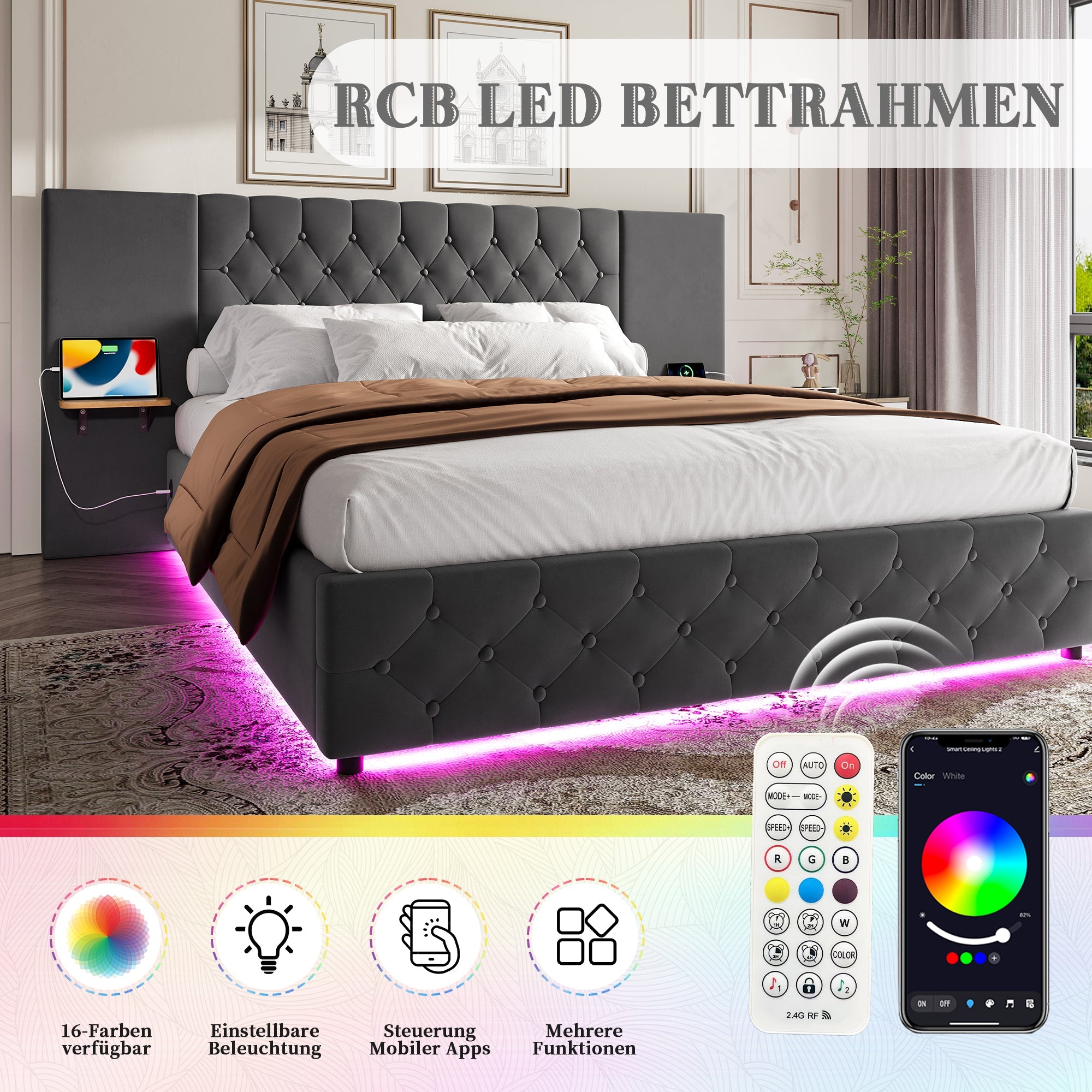 Logidon bedframe 140x200 cm grijs fluweel breed hoofdbord LED