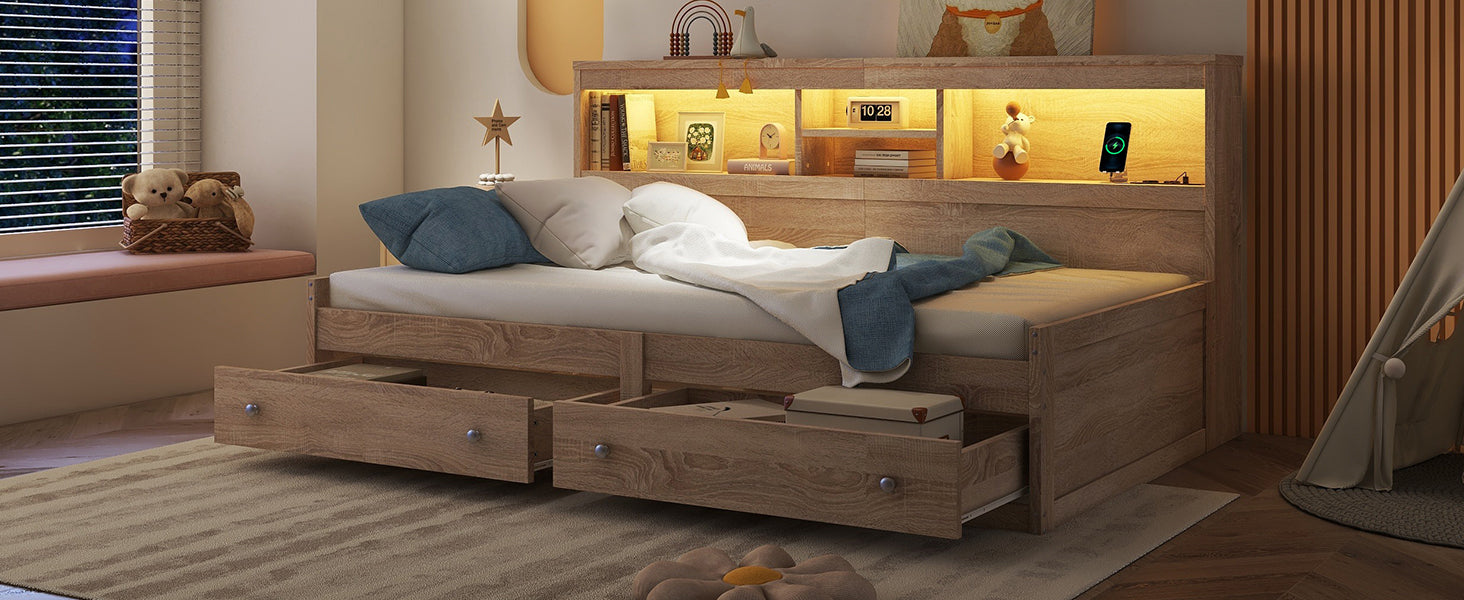 Logidon Daybed 90x200cm slaapbank met sfeerverlichting USB naturel