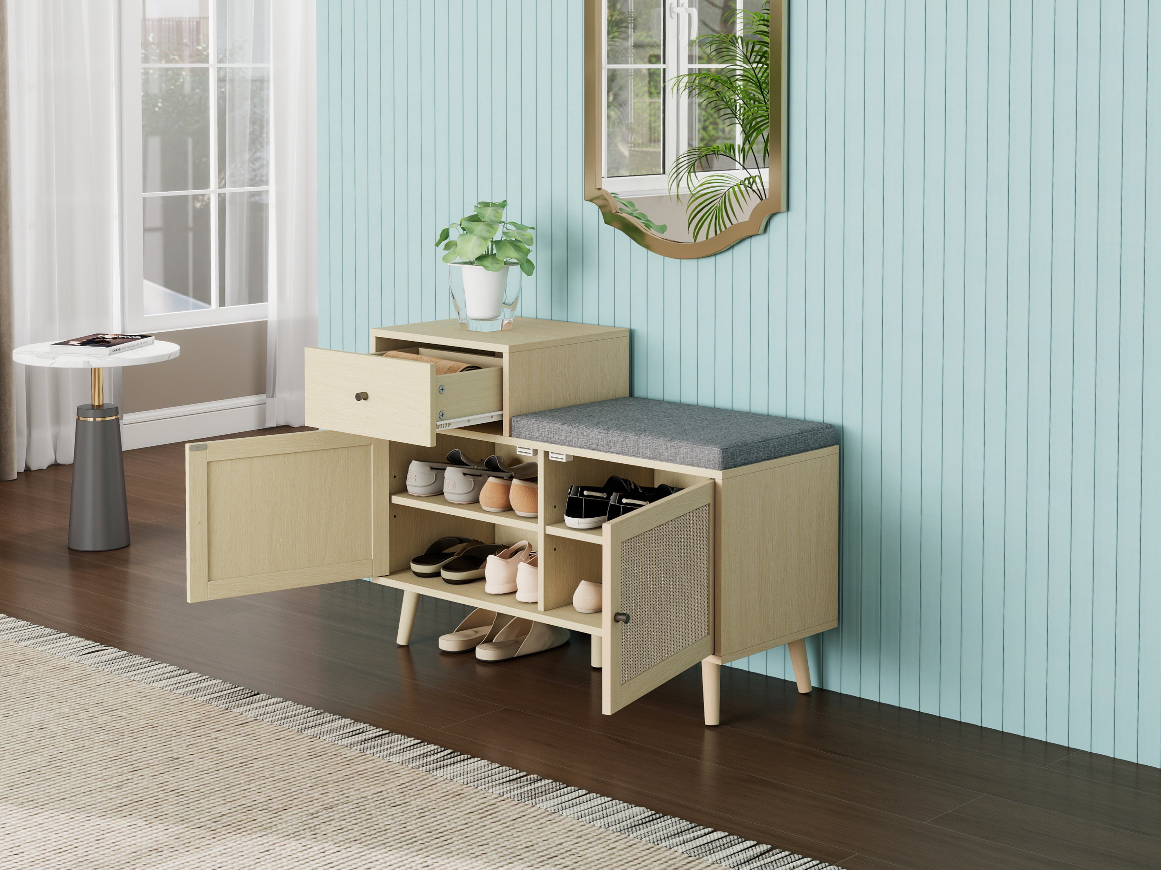 Logidon Boho shoe bench with rattan doors and drawer 90x35x65 cm