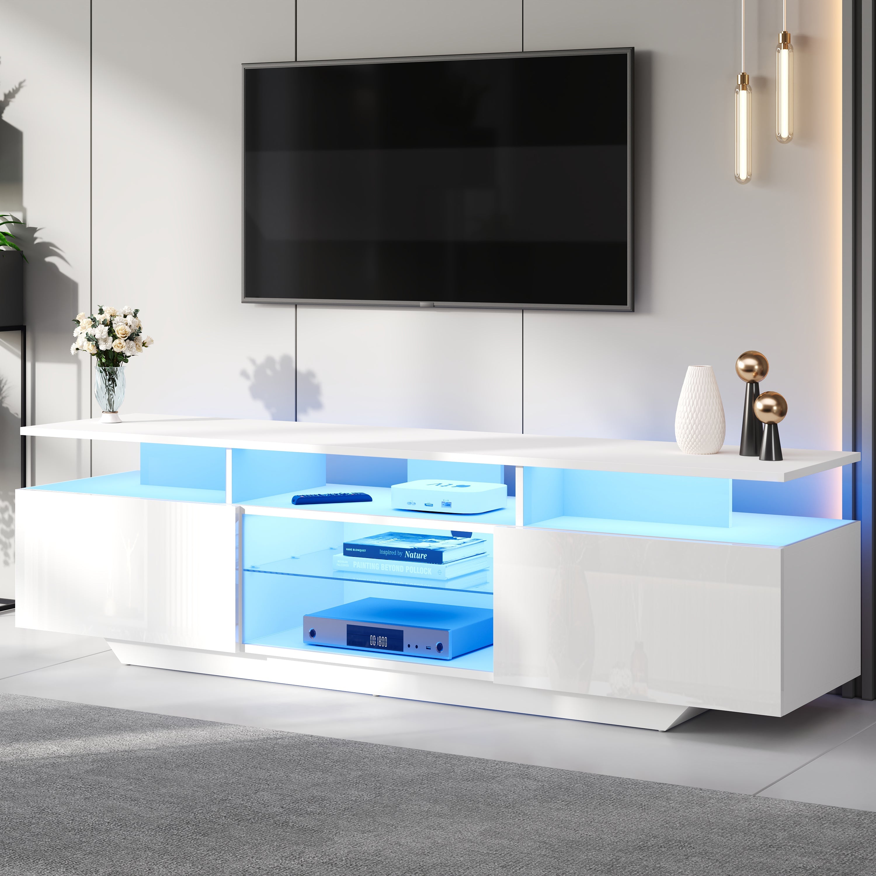 Logidon TV-meubel hoogglans wit 160 x 40 x 45 cm met LED lichtstrip glasplanken
