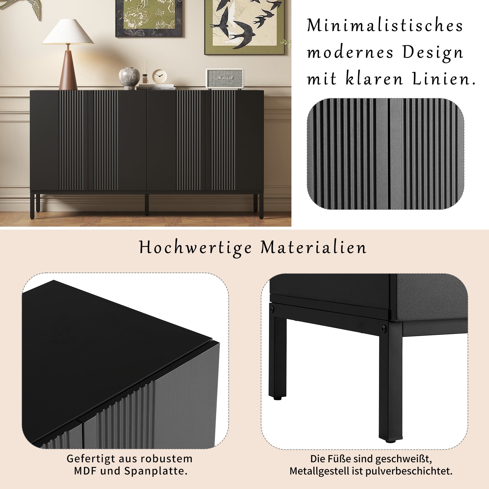 Logidon Modern Dressoir 4-deurs Greeploos Zwart 145x41x80 cm