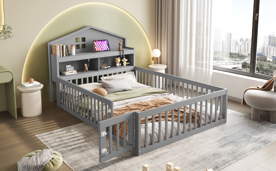 Logidon kinderbed 140x200 huisvorm massief hout grijs met opbergruimte