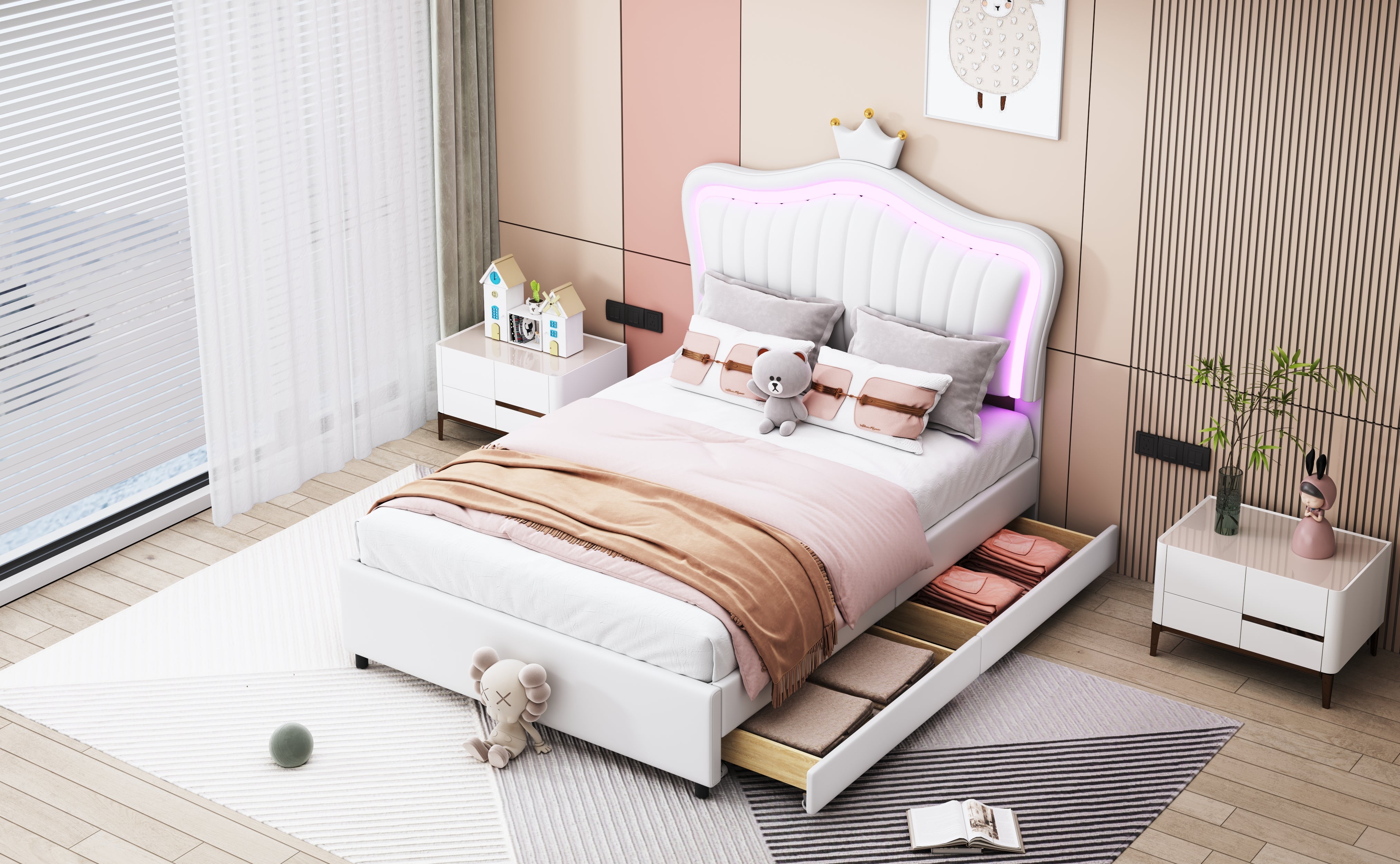 Logidon kinderbed 90x200 wit kroonbedframe LED opbergruimte