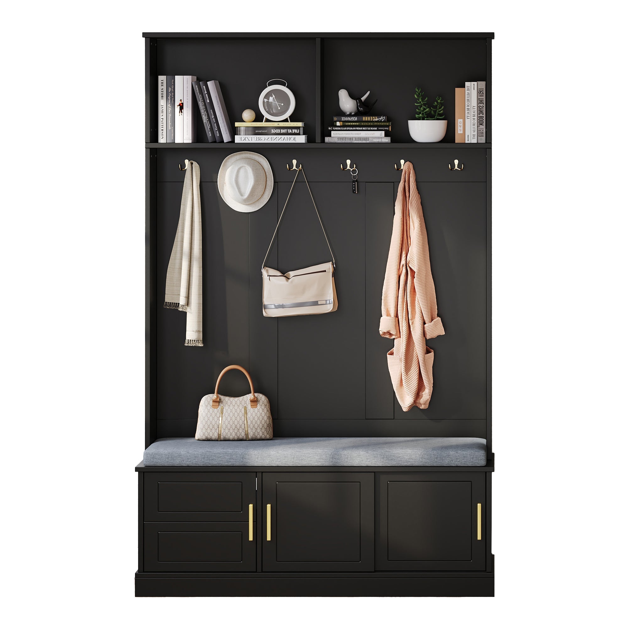 Logidon kapstok schoenenbank met 6 drievoudige haken zwart 120x40x191 cm