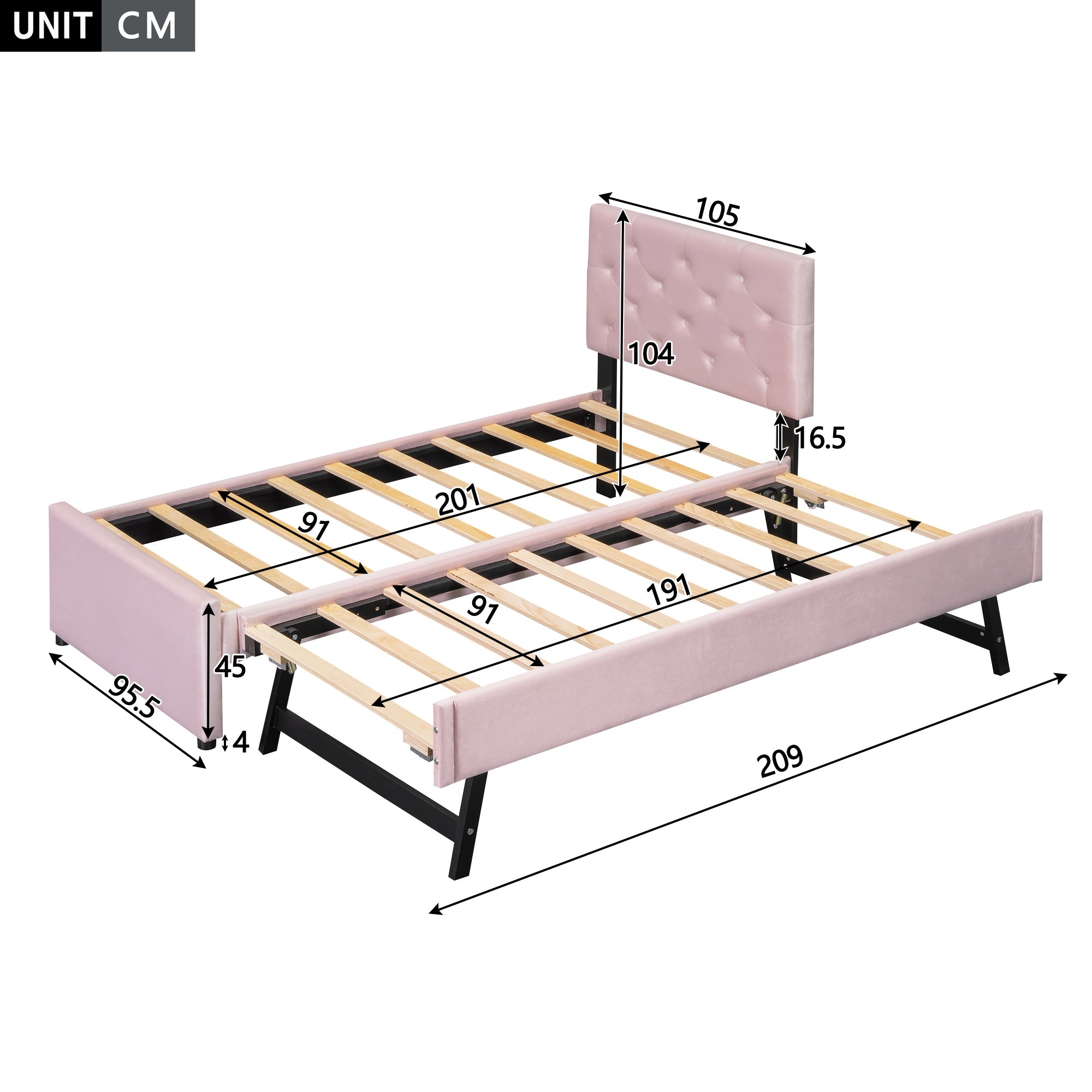 Logidon gestoffeerd bed 90x200 roze fluweel met rolcontainer