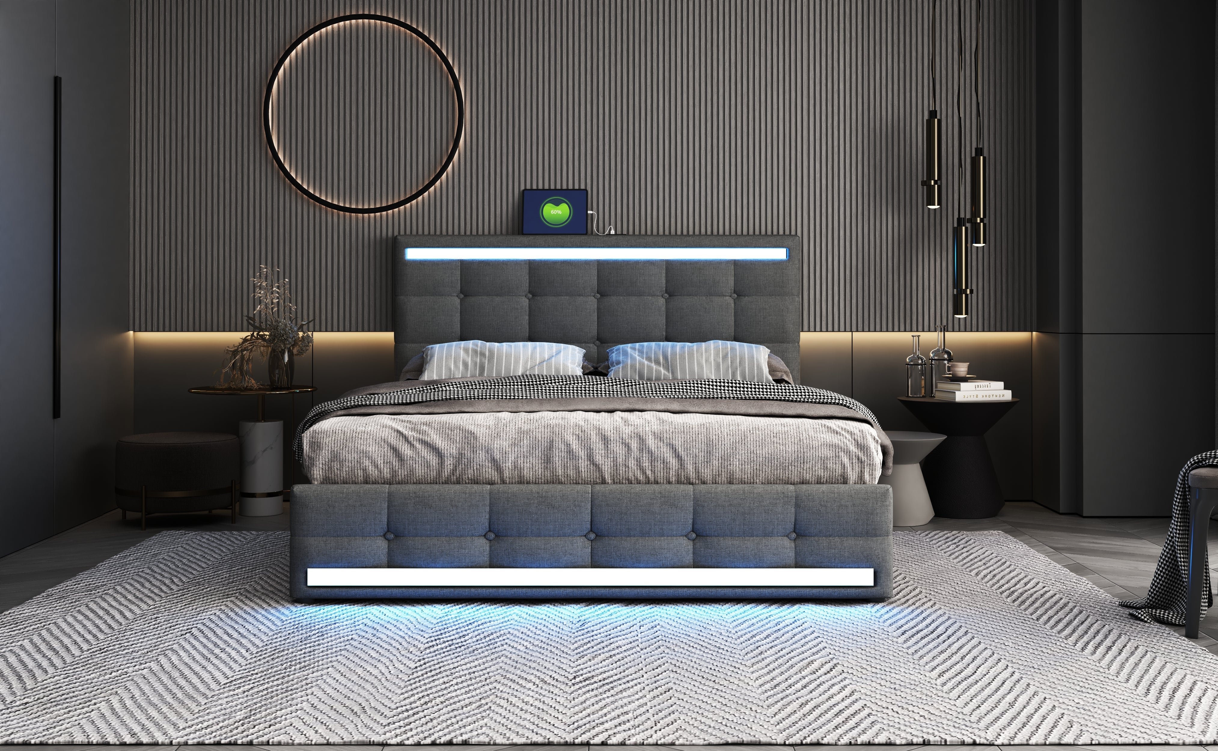 Logidon gestoffeerd bed 140x200 LED, opbergruimte, USB, grijs