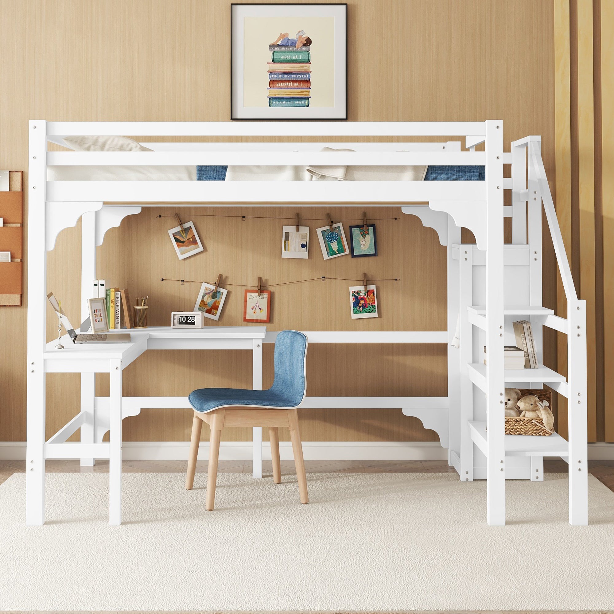 Logidon hoogslaper 140x200 cm wit met L-vormig bureau en opbergruimte