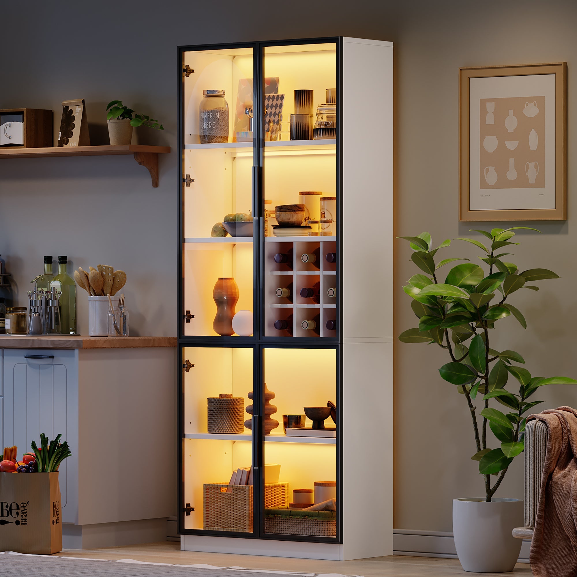 Logidon showcase 80x35x200 white glass doors LED lighting wine rack