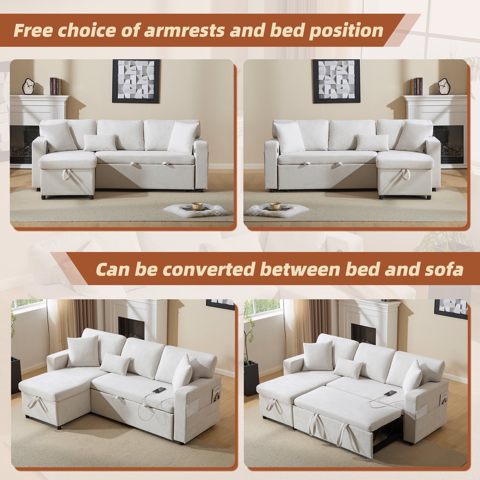 Logidon corner sofa bed L-shape extendable beige with bed box shelf