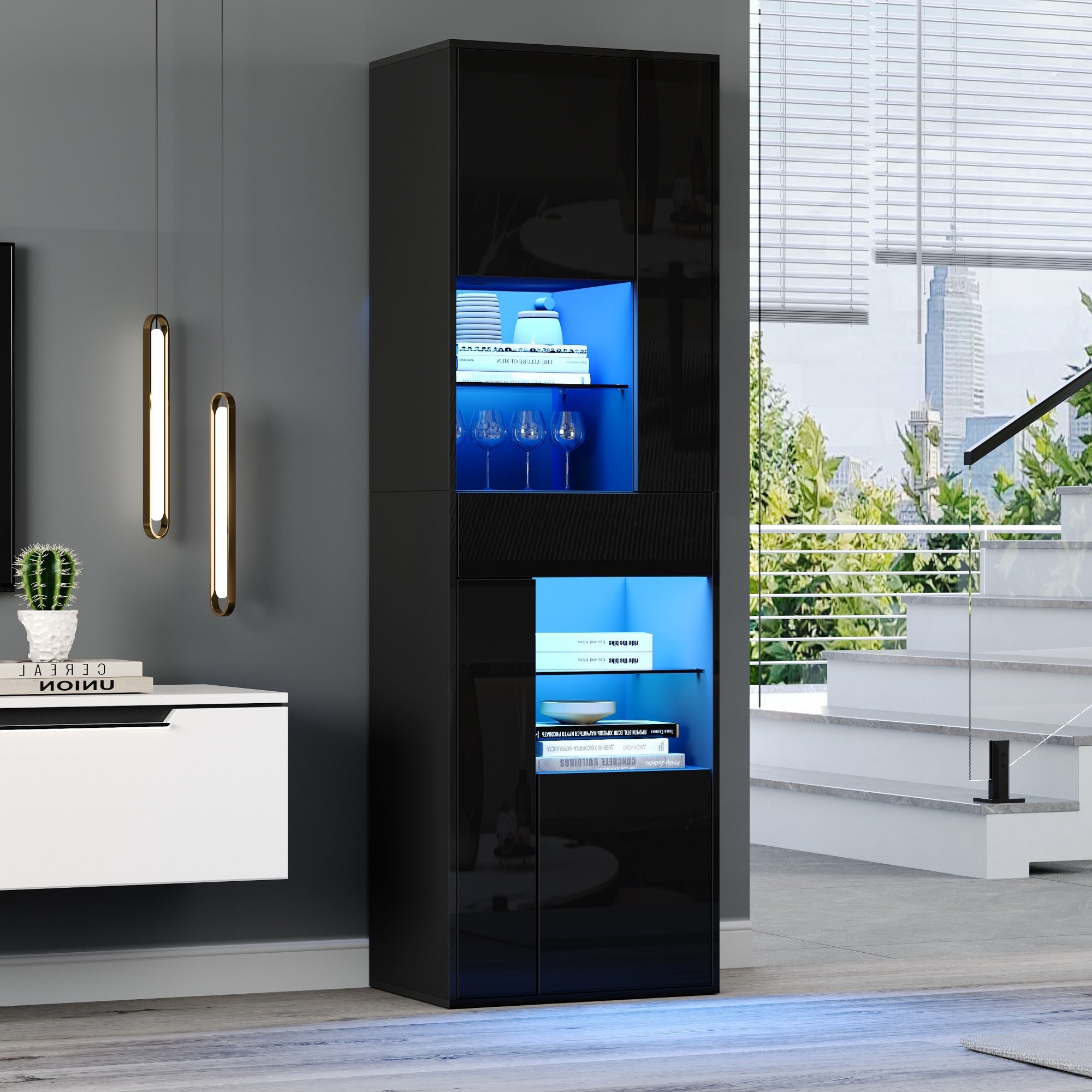 Logidon zwarte hoogglans glazen vitrine 55 x 38 x 170 cm LED-verlichting