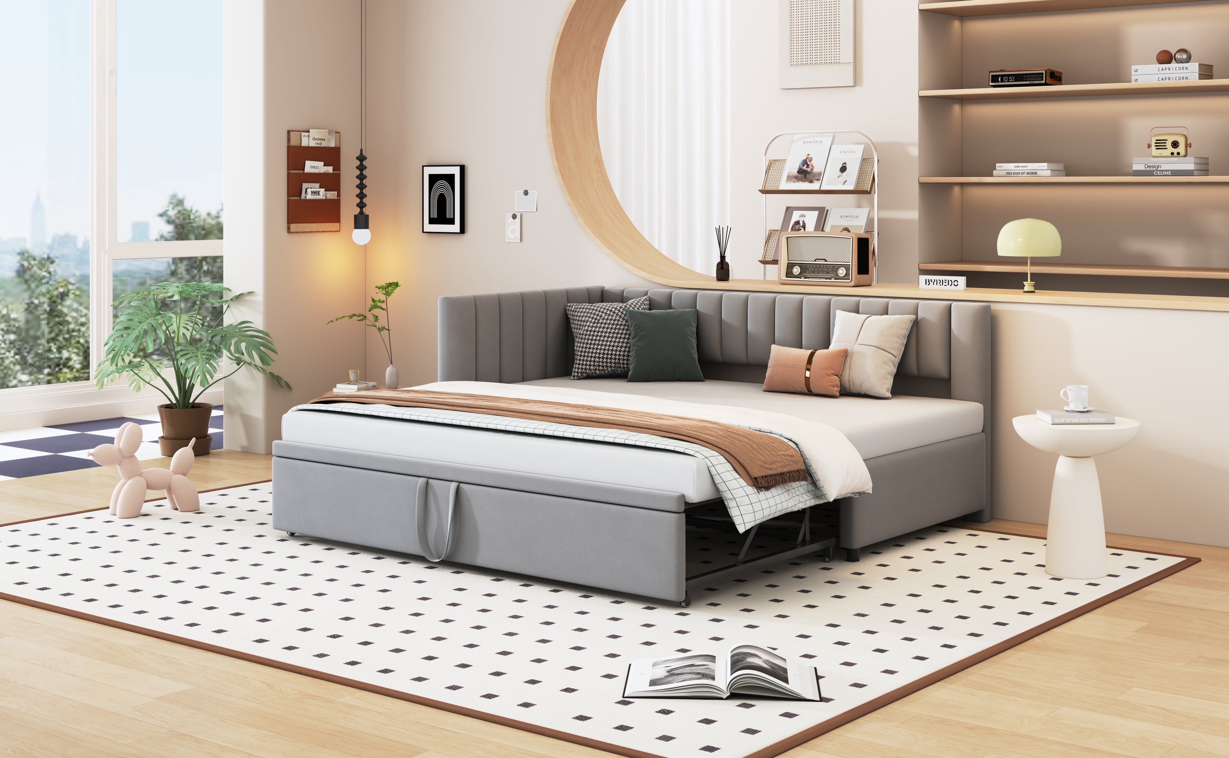 Logidon L-vorm slaapbank fluweelgrijs met onderschuifbed 90x200/180x200
