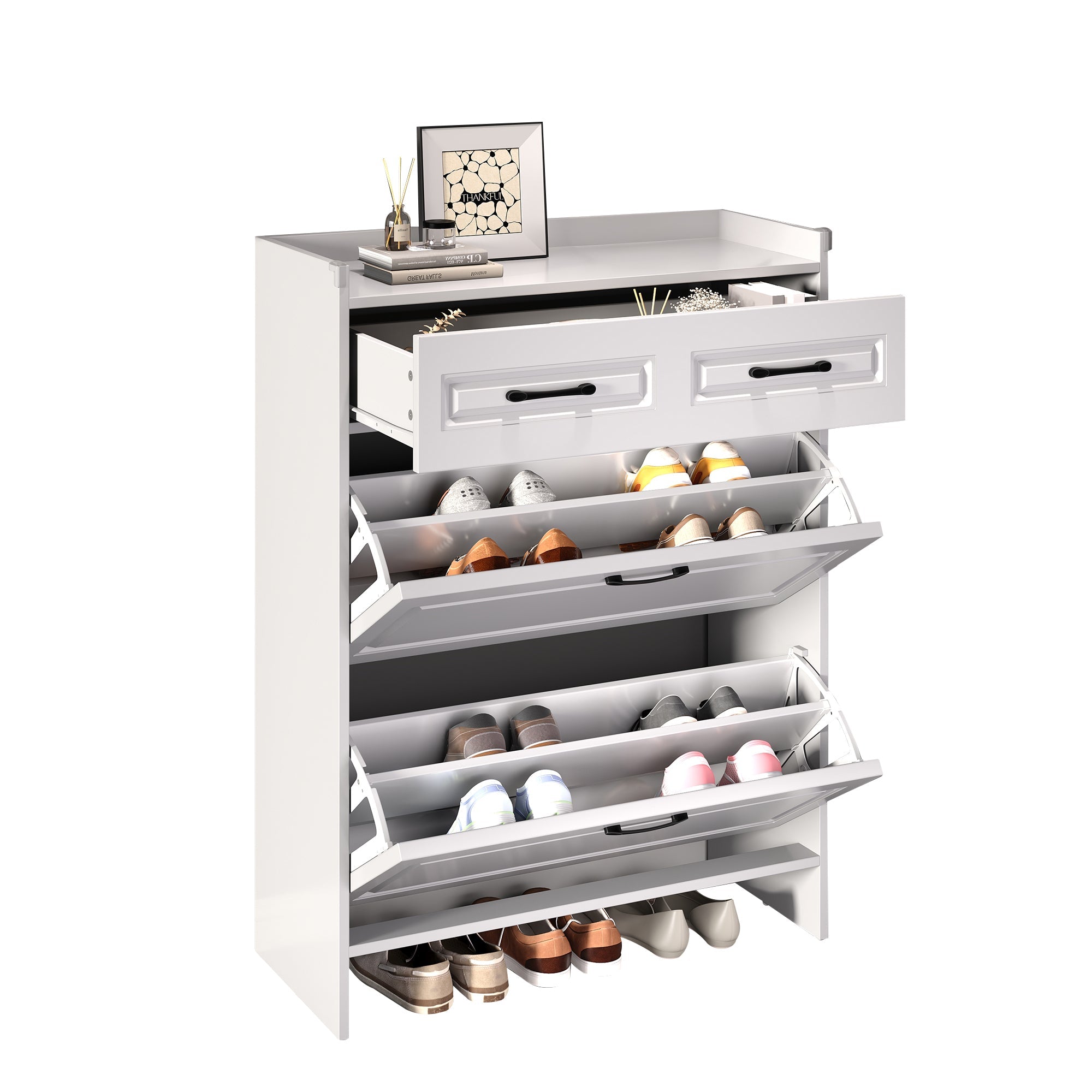 Logidon shoe cabinet white MDF 80 x 34 x 107.5 cm with 4 compartments and 1 drawer
