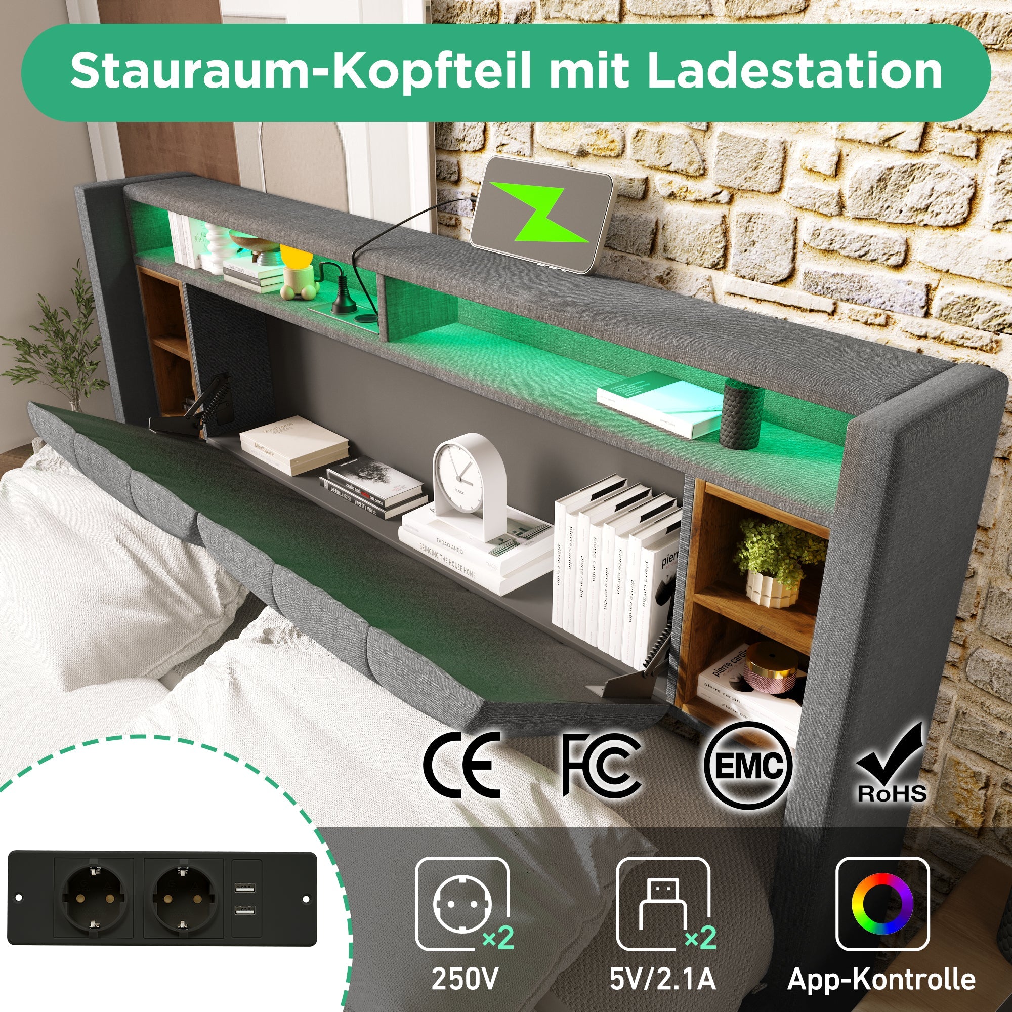 Logidon gestoffeerd bed tweepersoonsbed opbergruimte hoofdbord USB LED grijs 140x200