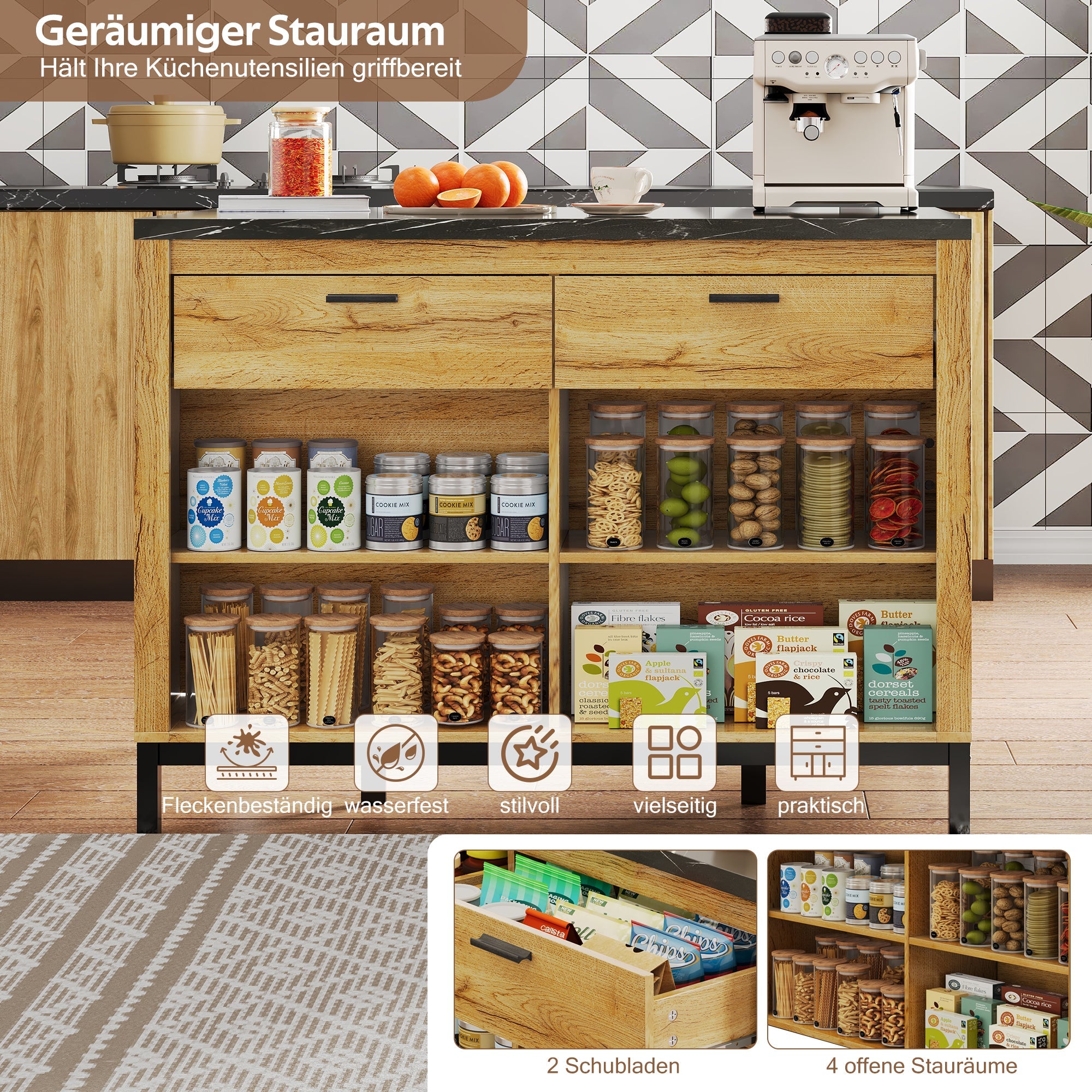 Logidon kitchen island country house style 120x75x90 cm with 2 drawers and 4 shelves