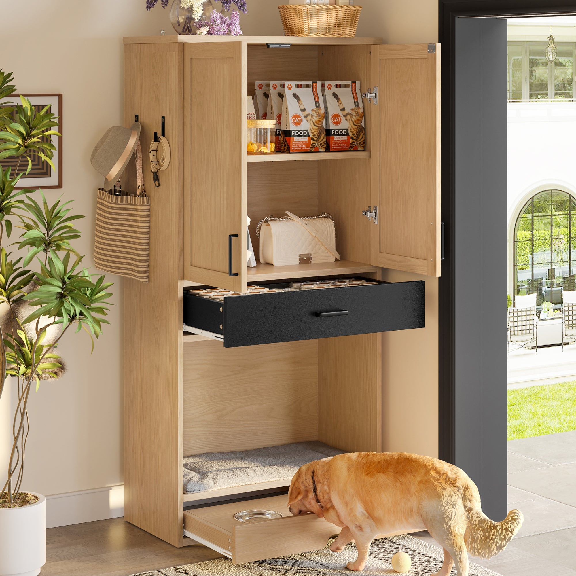 Logidon dierenkast eiken look 79x40x160 voerstation hondenmand