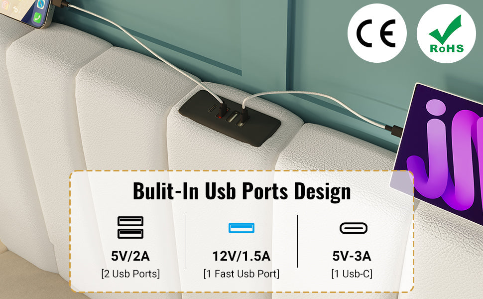 Logidon gestoffeerd bed 180x200 wit met app LED USB C oplaadfunctie