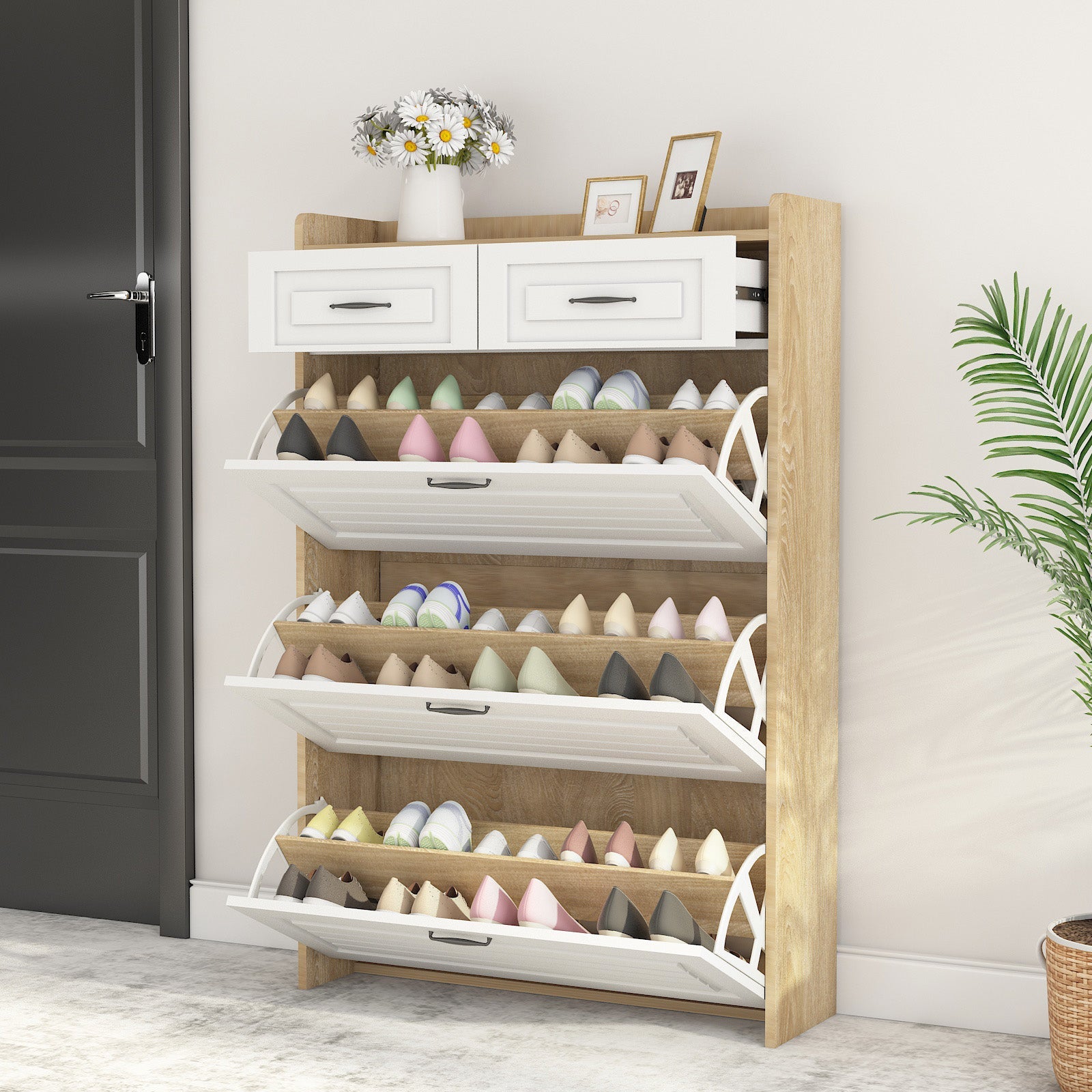 Logidon shoe chest white rotating shoe cabinet 3 flaps 2 drawers