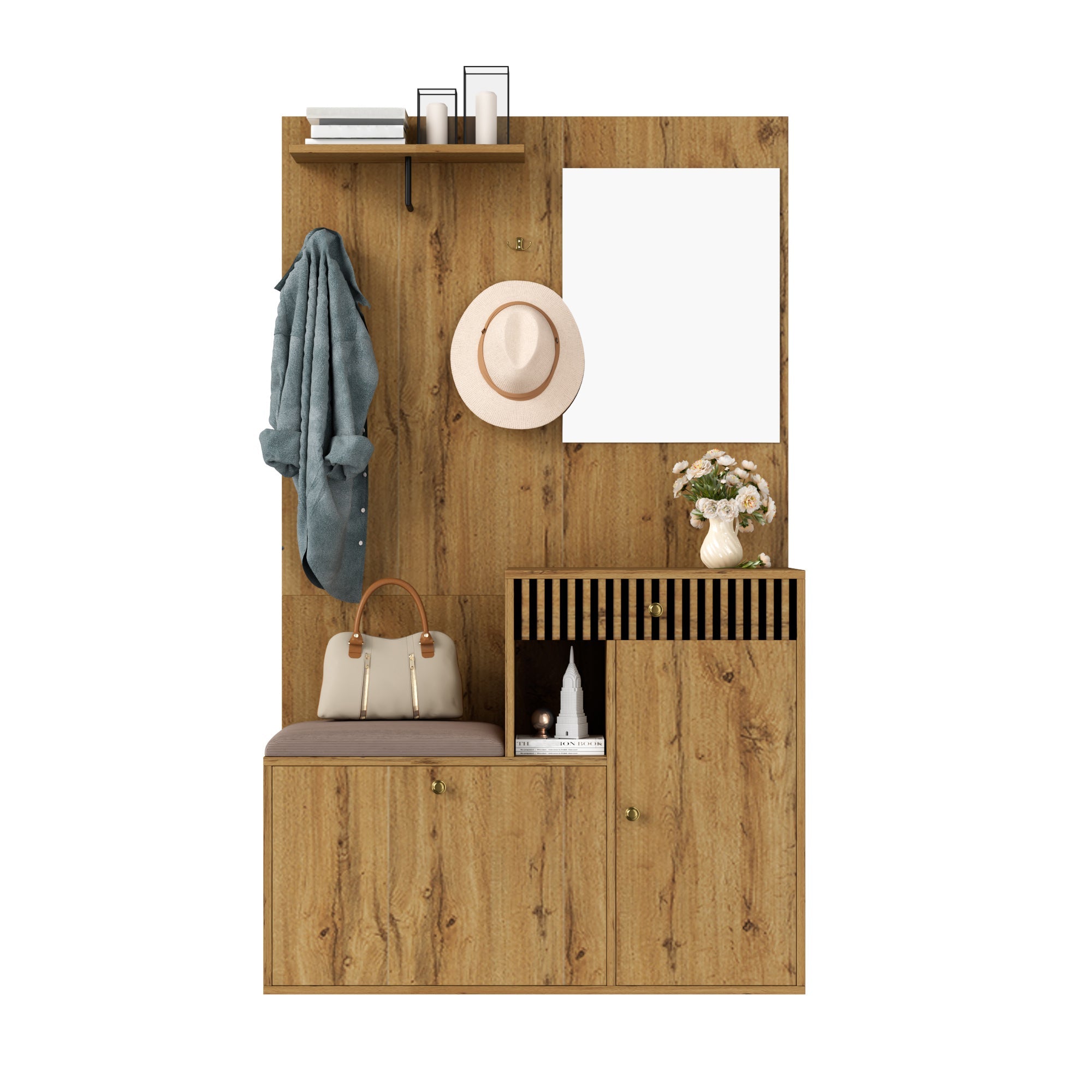 Logidon kledingkastset compacte kledingkast 110x185,5x37 cm natuurlijke MDF spiegel