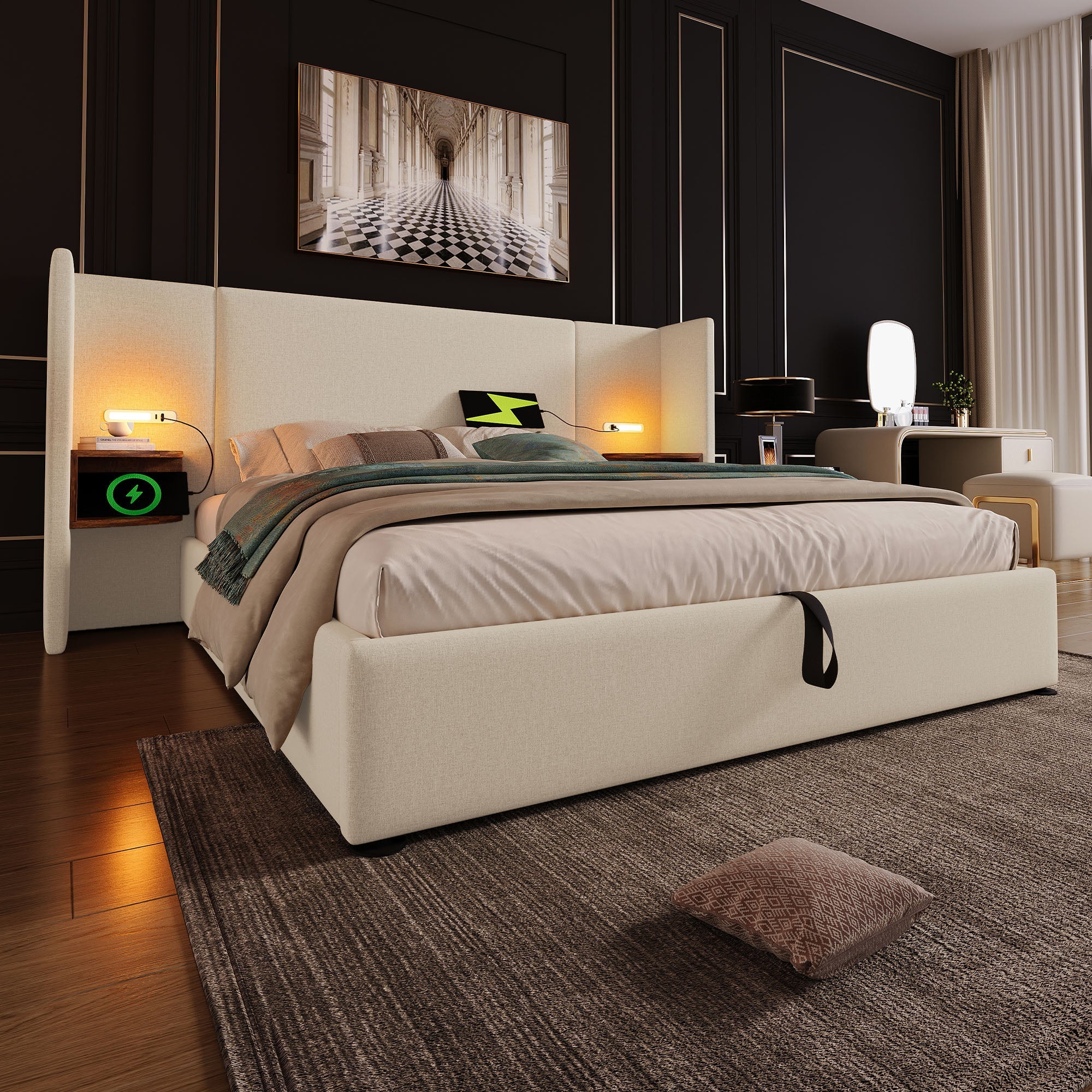 Logidon upholstered bed 160x200 beige with USB C charging function
