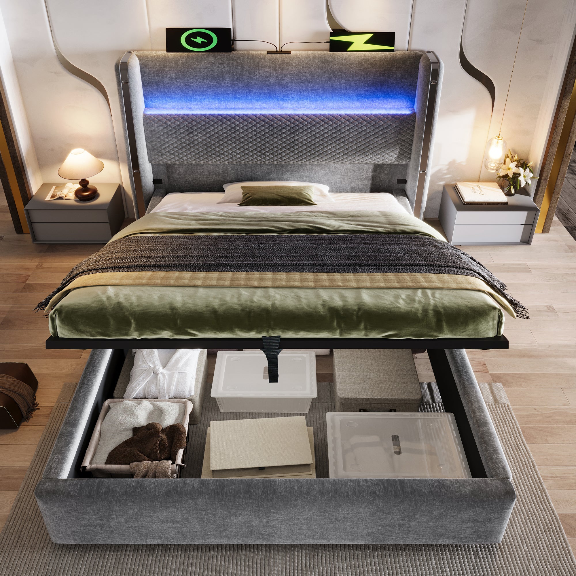 Logidon hydraulisch bed 90x200 grijs linnenlook met opbergruimte LED