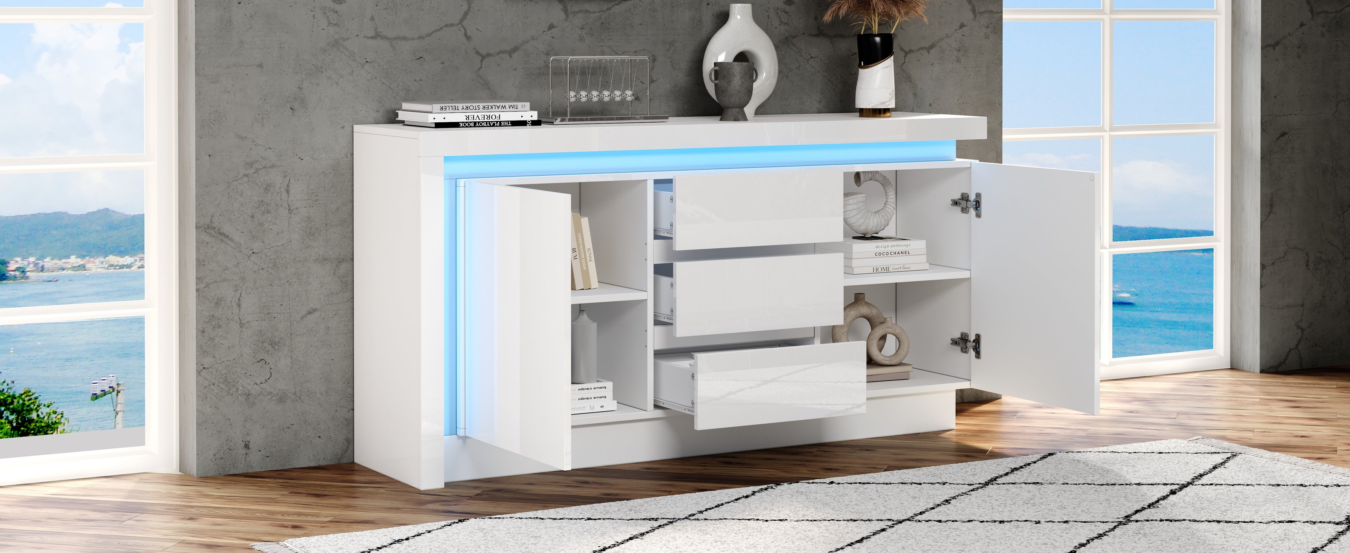 Logidon sideboard 140x35x72 cm white high gloss with LED
