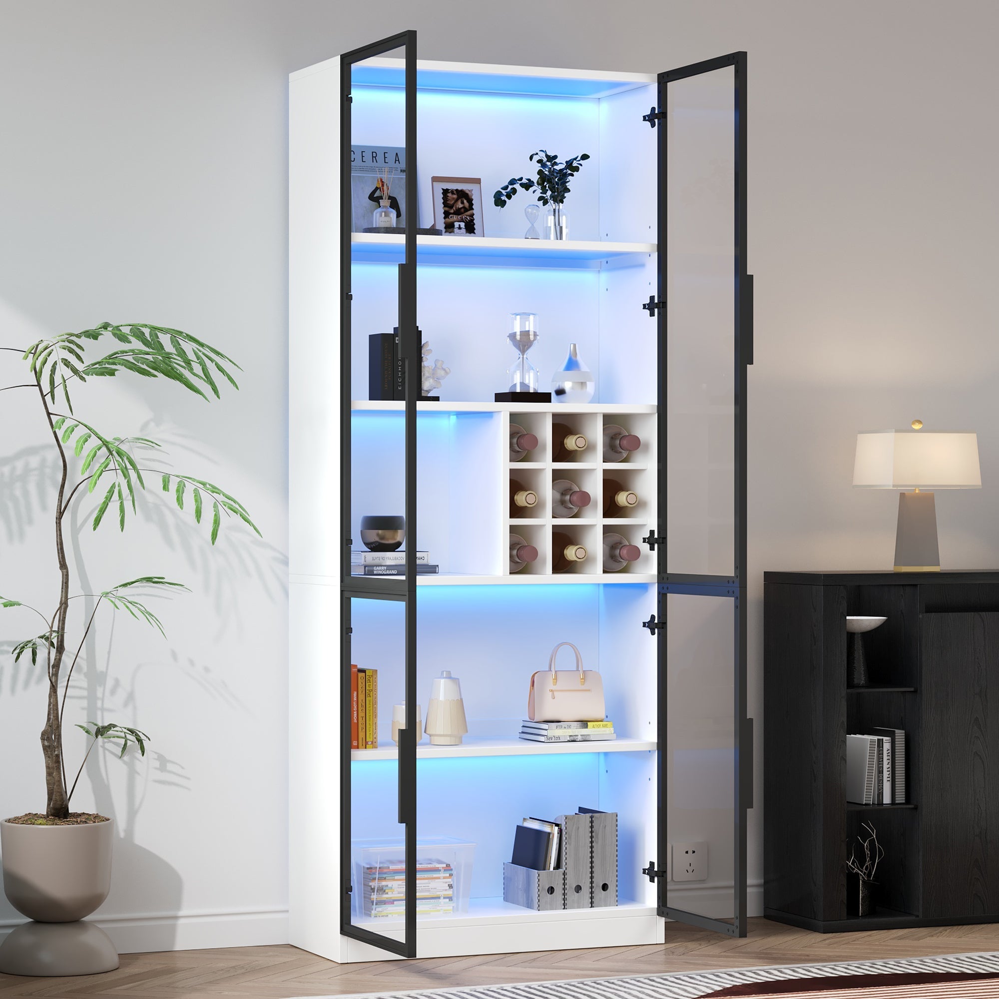 Logidon showcase 80x35x200 white glass doors LED lighting wine rack