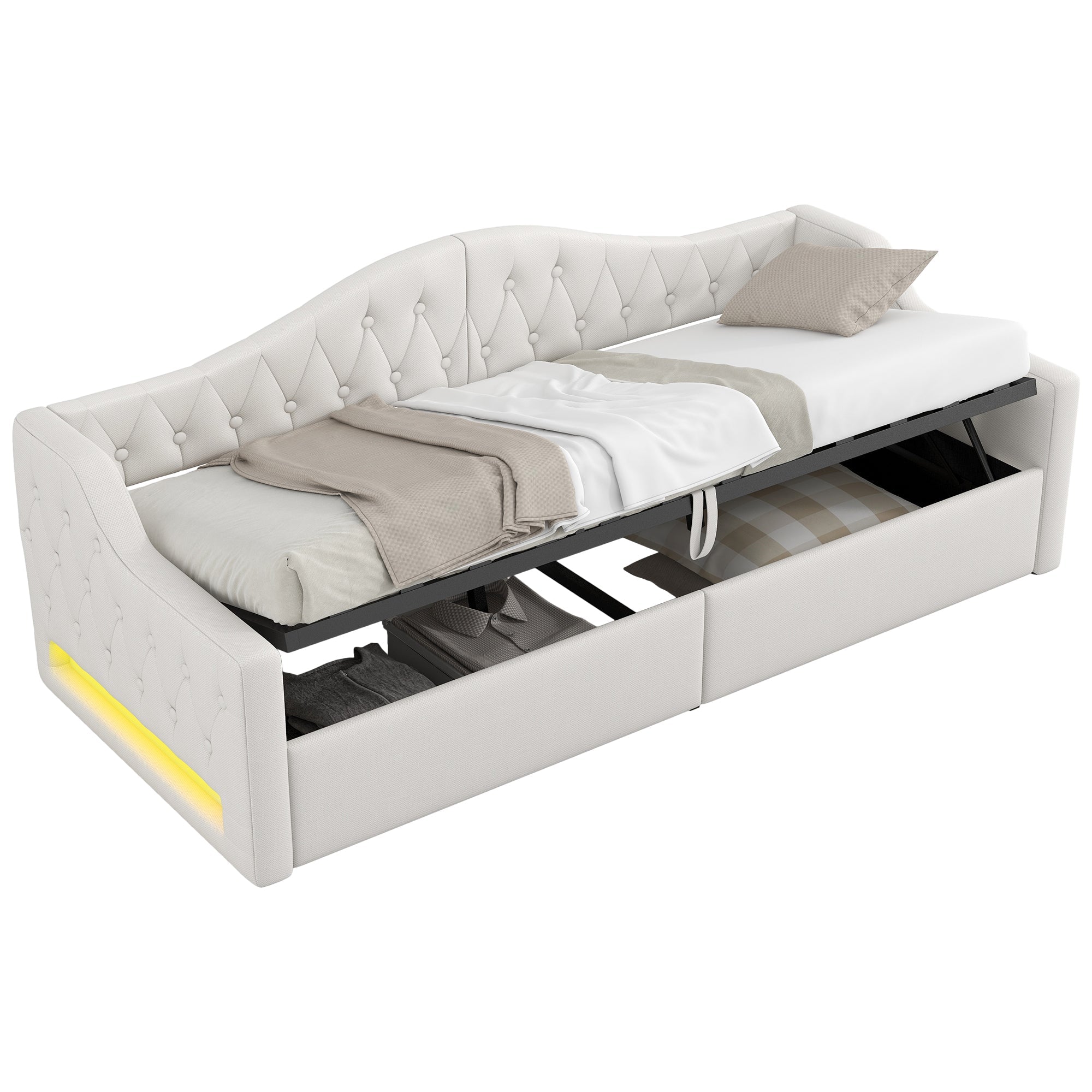 Logidon gestoffeerd dagbed 90x200 beige met opbergruimte met LED-verlichting