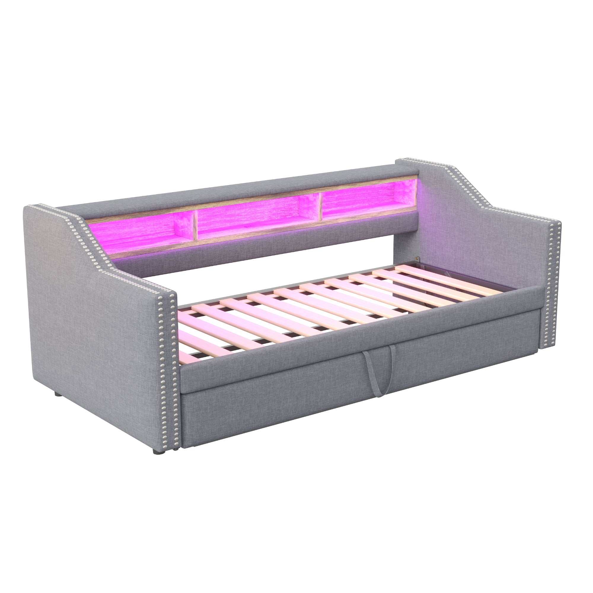 Logidon upholstered bed pull-out sofa bed 90/180 x 190 cm light gray storage compartment