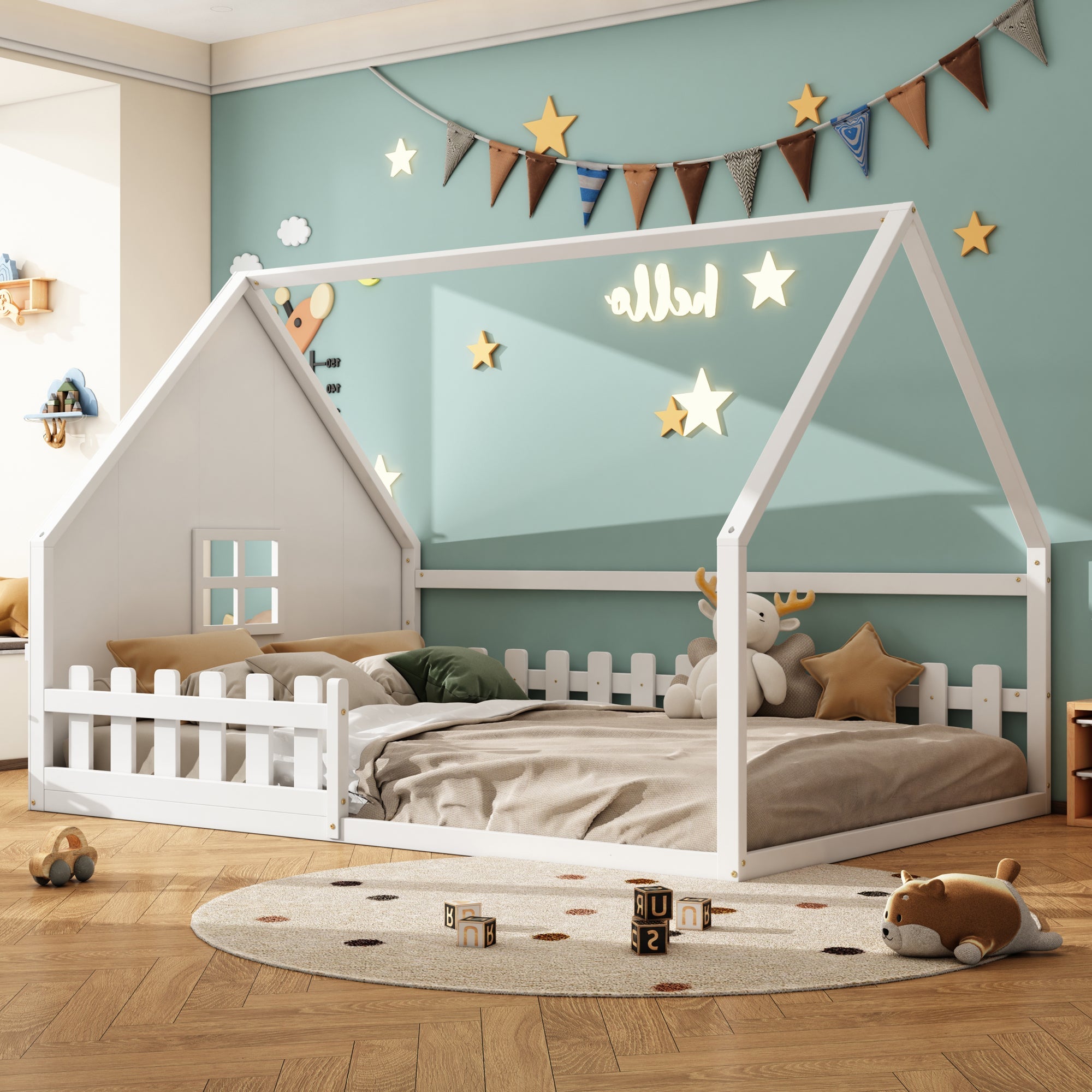 Logidon vlakbed 140x200 cm kinderbed wit grenenhouten huisbar