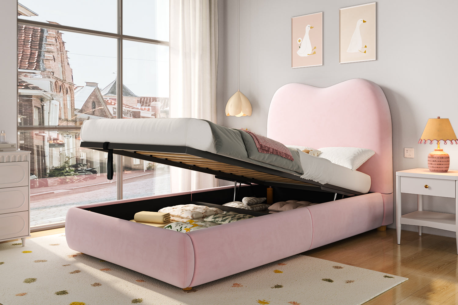 Logidon Gestoffeerd Bed Roze 90x200 cm Hydraulisch bed met opbergruimte