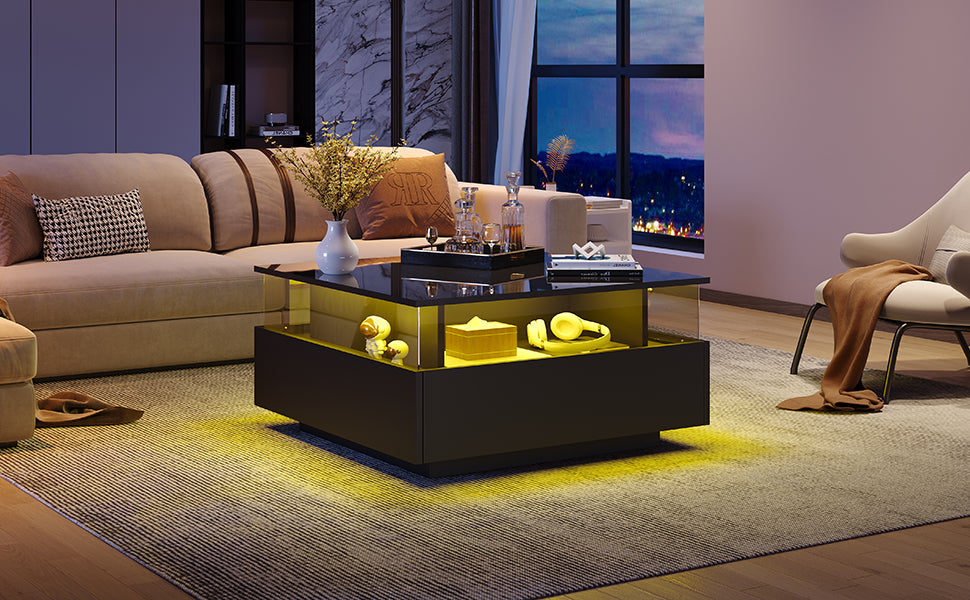 Logidon hoogglans LED salontafel 90x55x45 cm zwart 2 lades