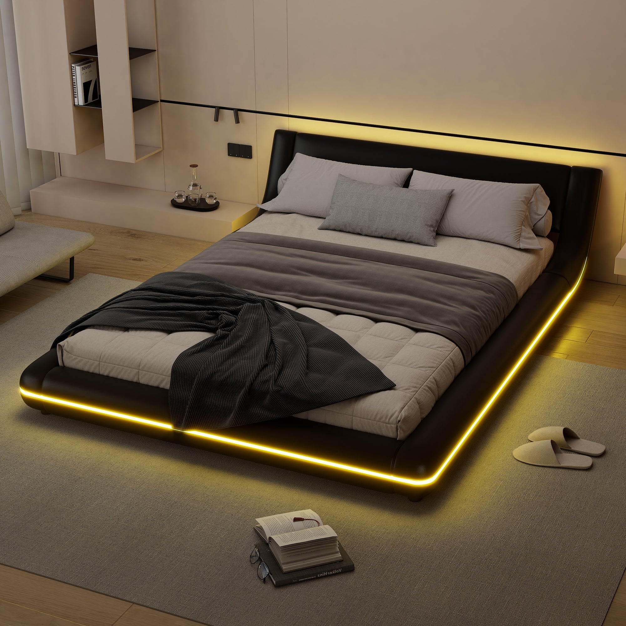 Logidon flat bed 140x200 cm faux leather black LED lighting