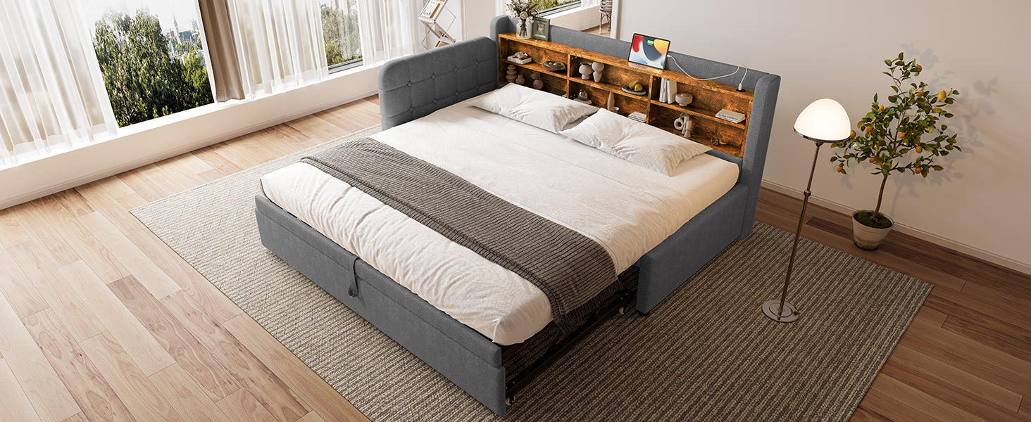 Logidon Daybed 90x200cm grijs linnen uitschuifbare slaapbank USB Type C