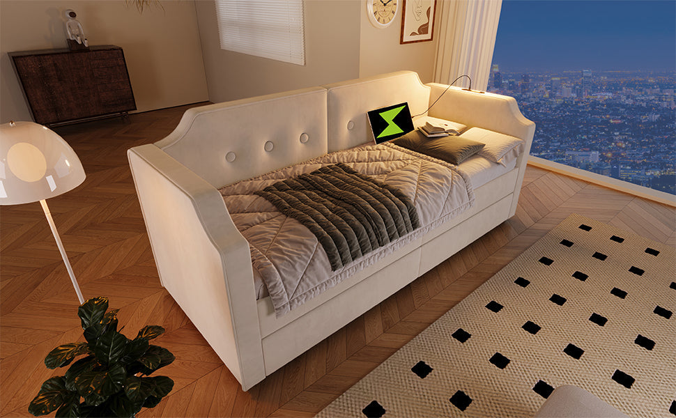 Logidon gestoffeerd bed 90x200 cm beige fluweel met USB-C oplaadpunt leeslampje