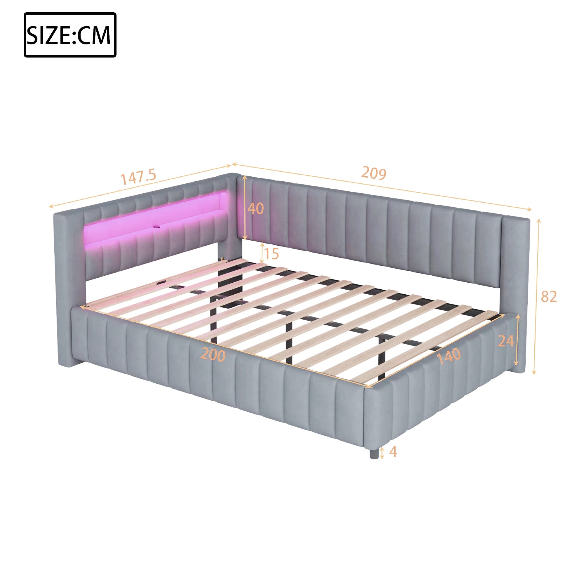 Logidon slaapbank 140x200 grijs met LED-licht en USB-oplaadpoort