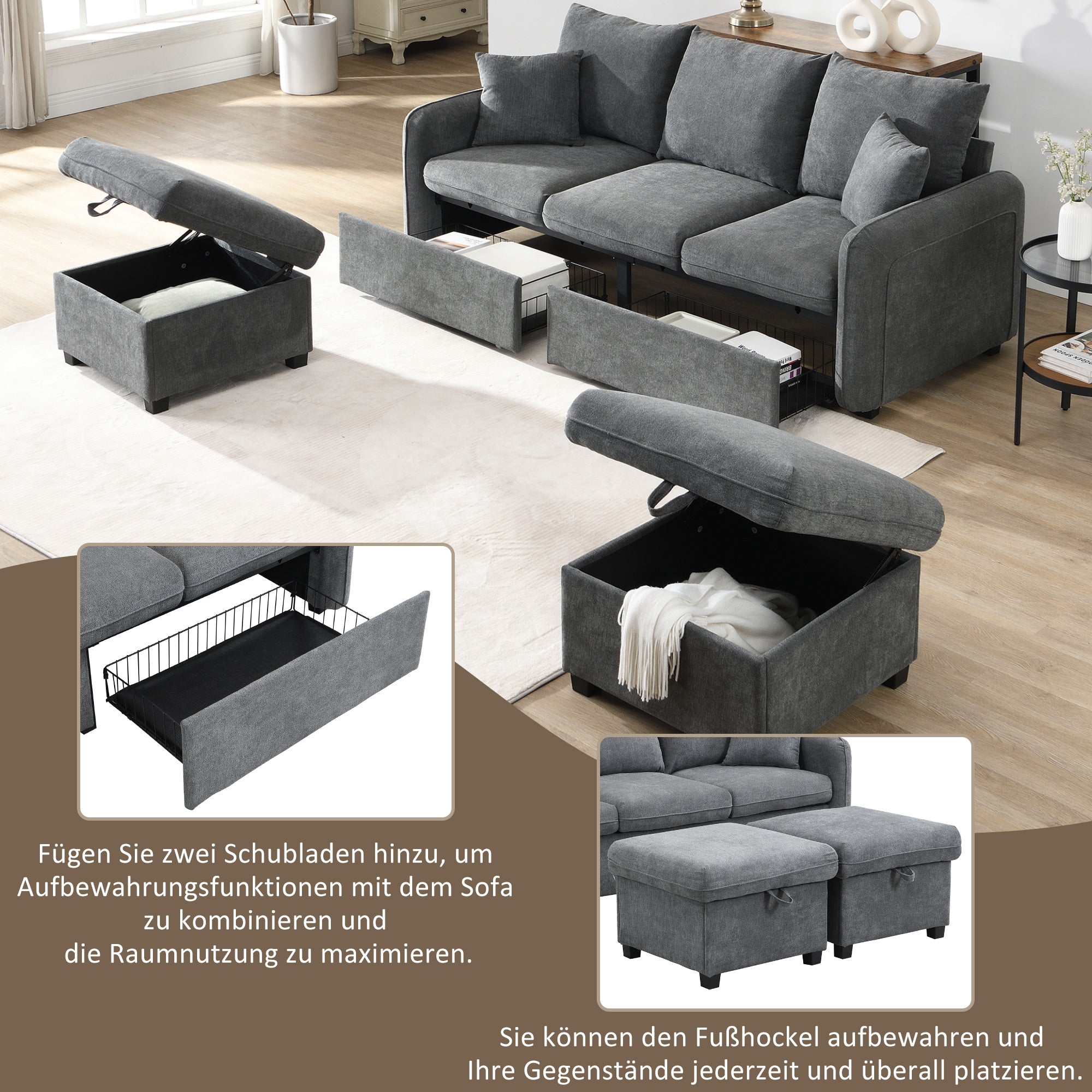 Logidon hoekbank U-vorm 3-zits grijs chenille en slaapfunctie